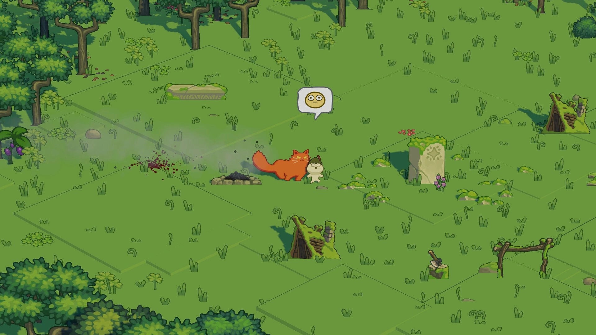 The Little Land: Little villager stands by a fox near a campfire on grassy hex tiles with ruins.
