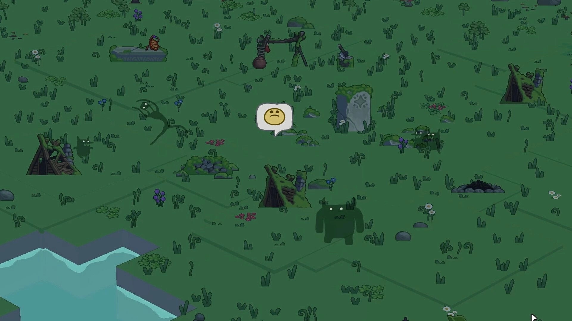 The Little Land: Sad emote bubble over a grassy hex map with huts, rocks, and shadowy creatures.