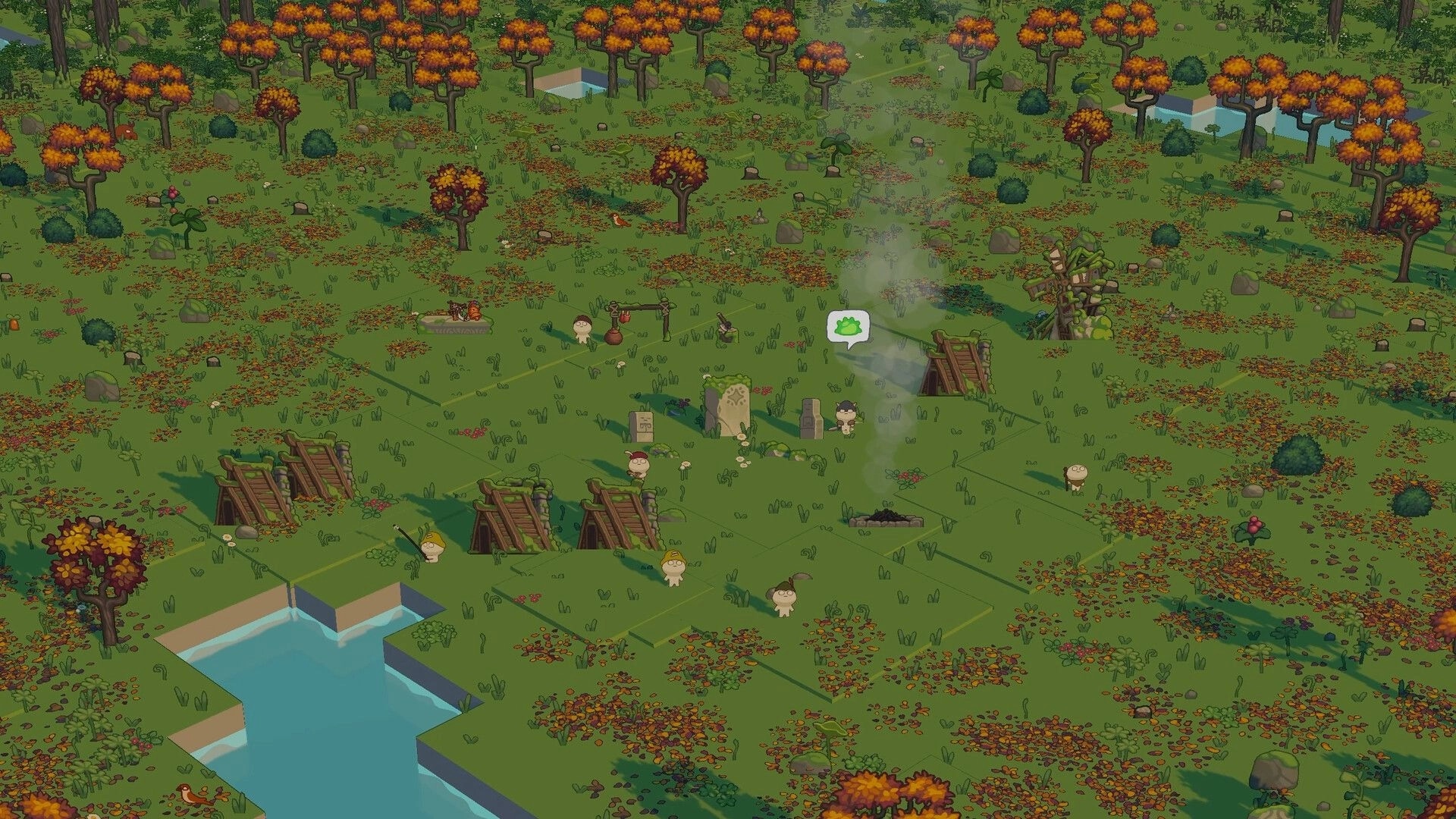 The Little Land: Littles gather near huts and a smoking campfire in an autumn forest by a river.