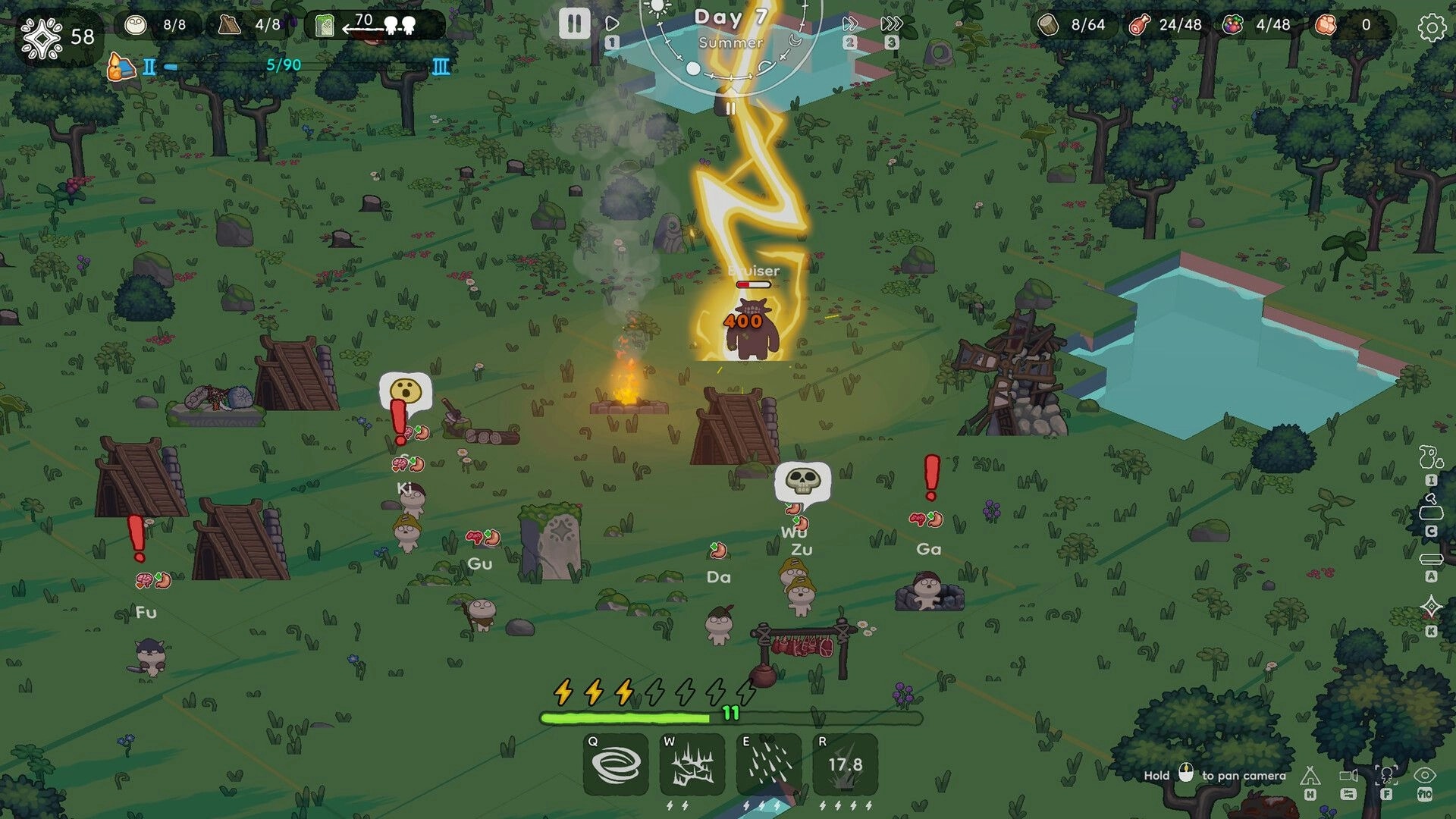 The Little Land: Lightning strikes a Bruiser near huts and villagers by a river, Day 7 UI visible.