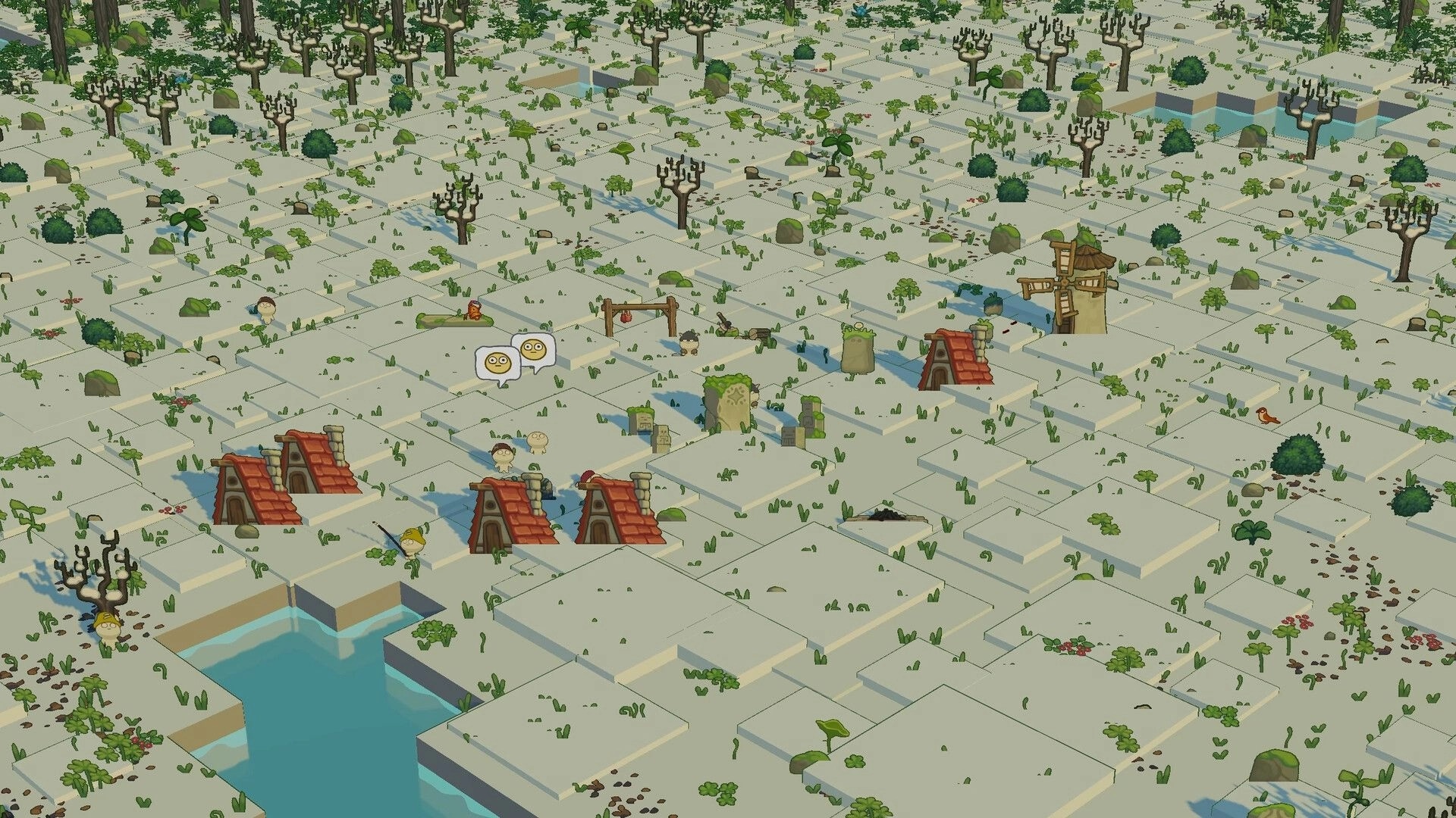 The Little Land: Village overview with tiny settlers, huts and windmill on a tiled grassy map with streams.