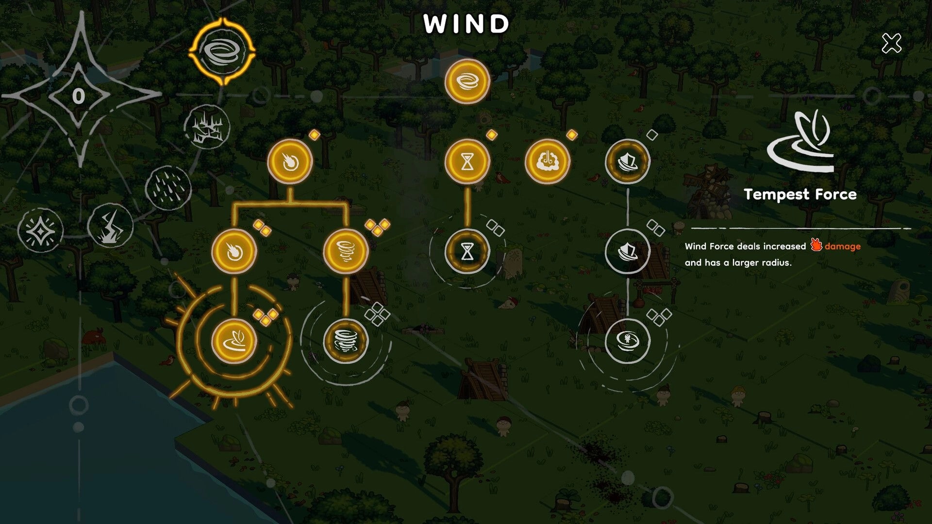The Little Land: Wind ability upgrade tree with Tempest Force tooltip over a forest village map.