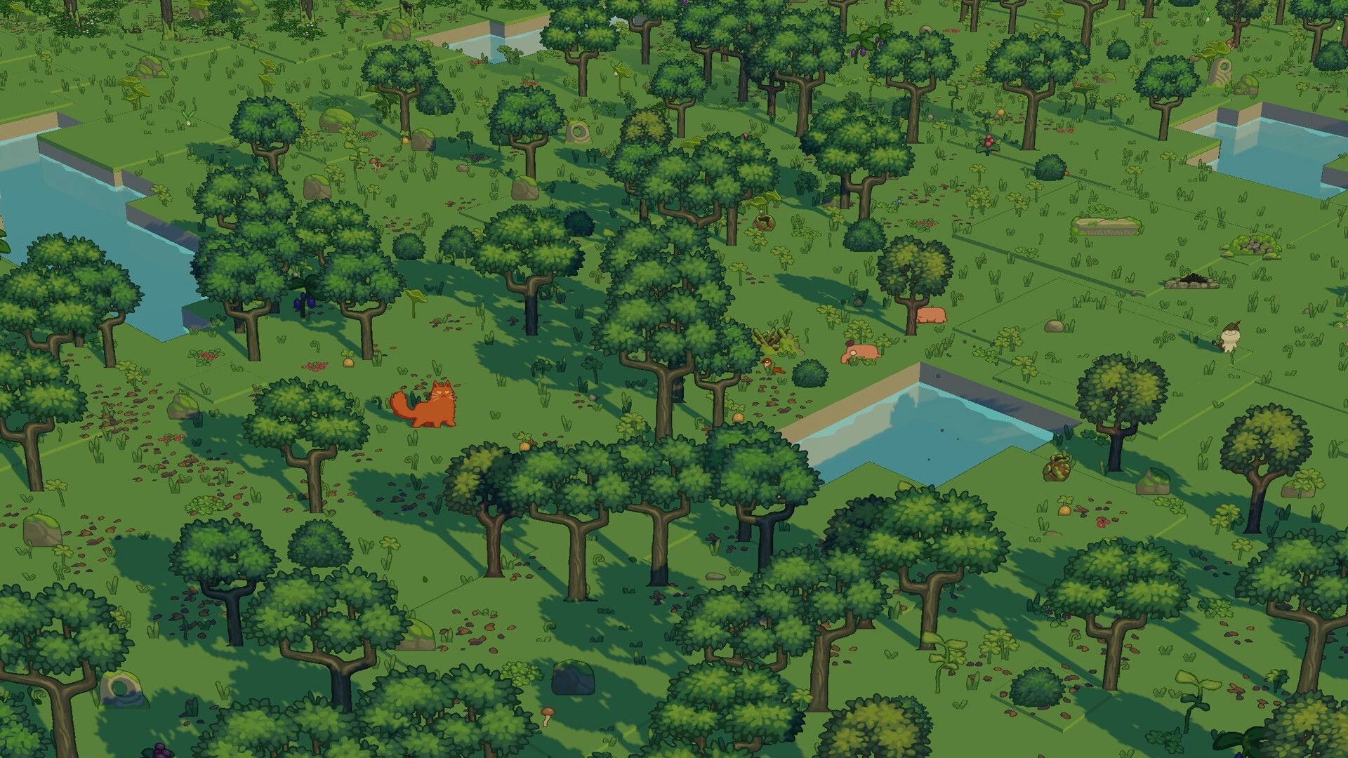 The Little Land: Forest map view with grid tiles, ponds, trees, and roaming animals in daylight.