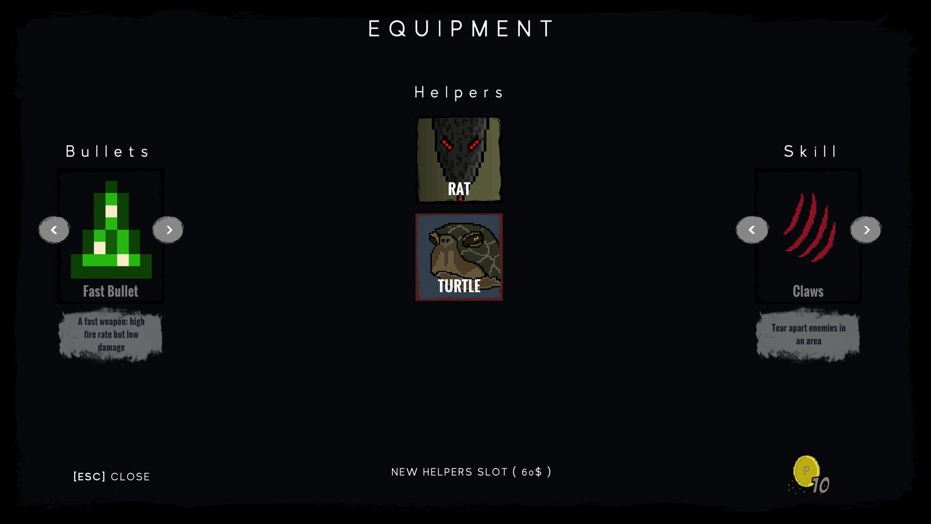 The Little Ones: Equipment menu showing Fast Bullet, Rat, Turtle, and Claws skill options.