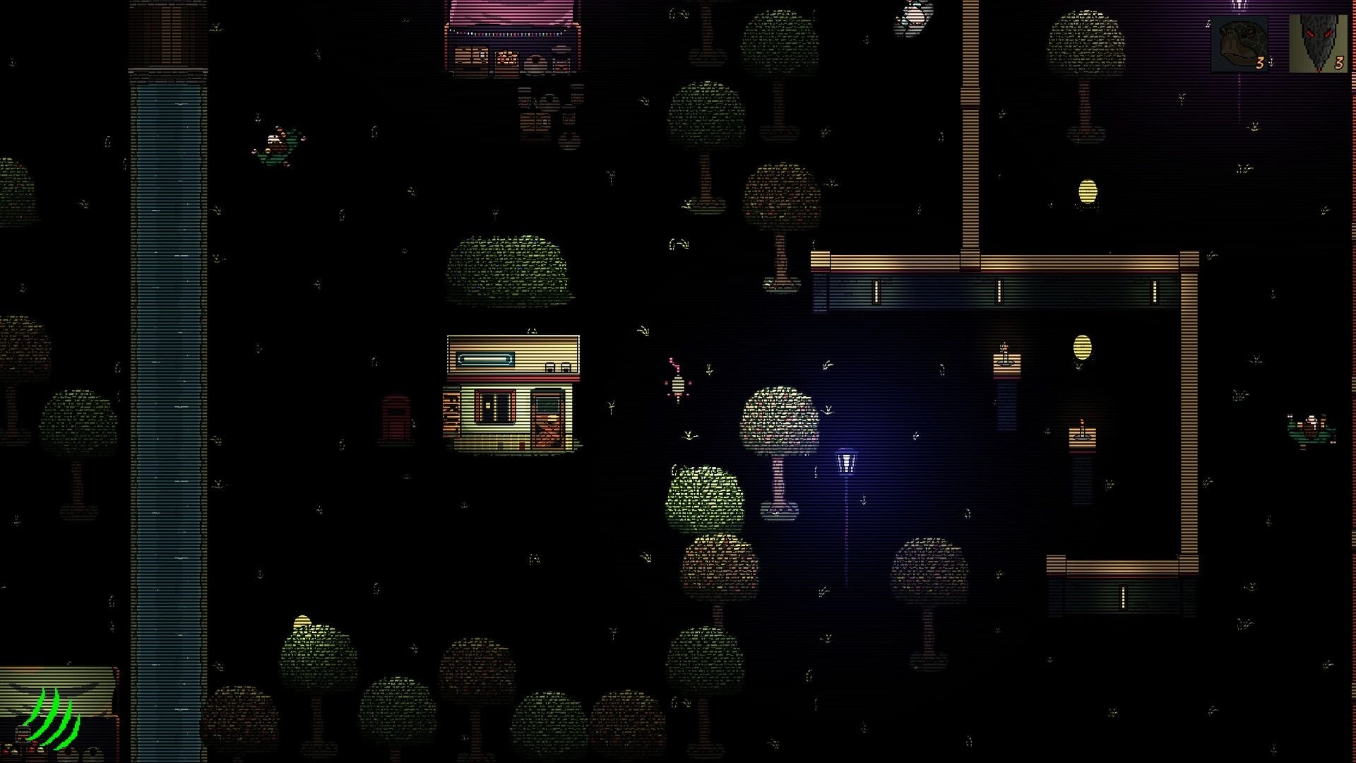 The Little Ones: Character exploring dark forest with trees, river, and glowing lights in the background