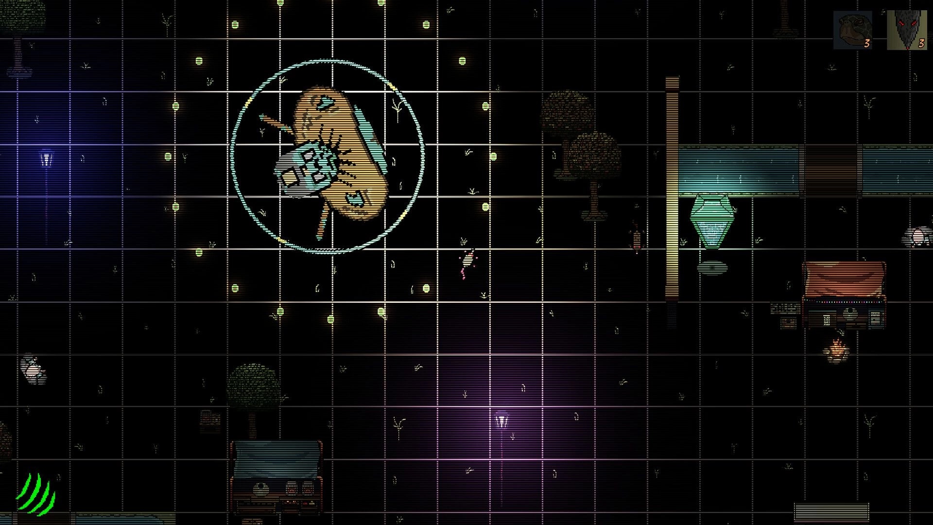 The Little Ones: Top-down grid view with character near giant insect in forest environment