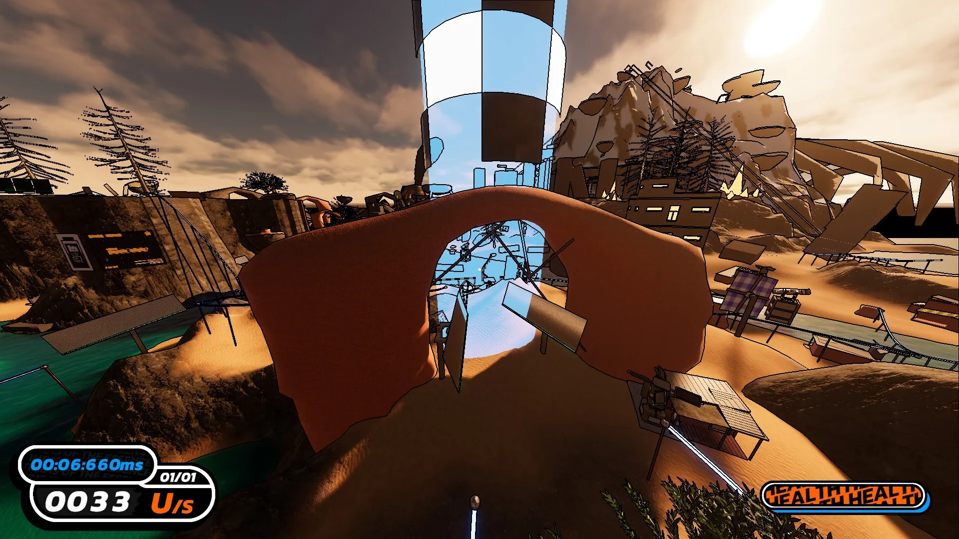 The Local: Player navigates a surreal desert landscape with ramps, tunnels, and speed tracked in UI.
