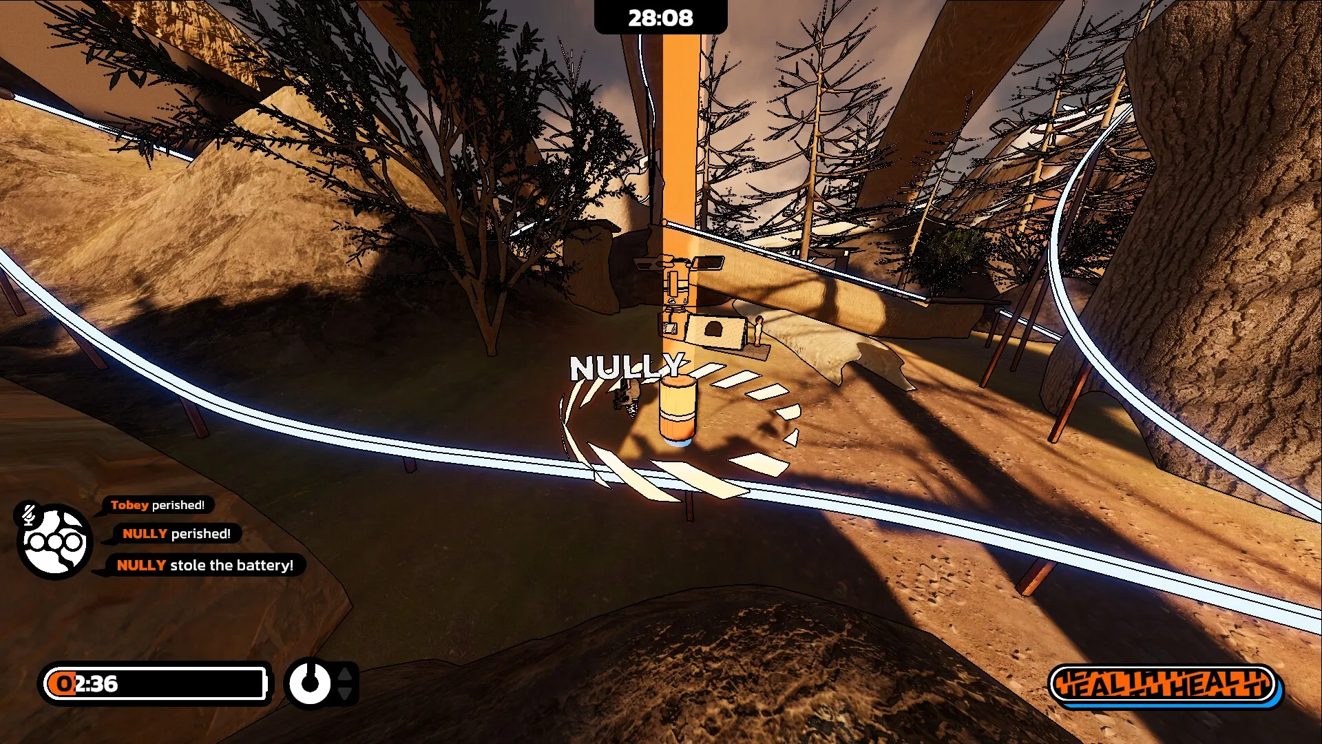The Local: Nully steals battery in forest setting with timer and health display on screen