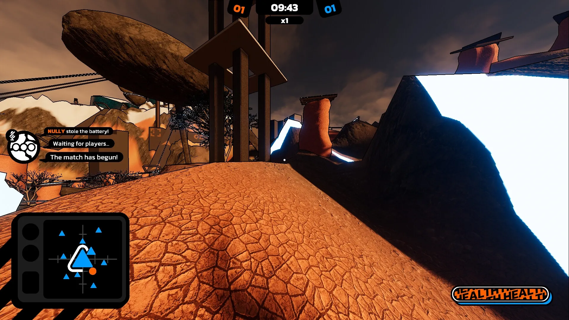 The Local: Player Nully stole the battery in desert canyon map with health bar and mini-map visible.