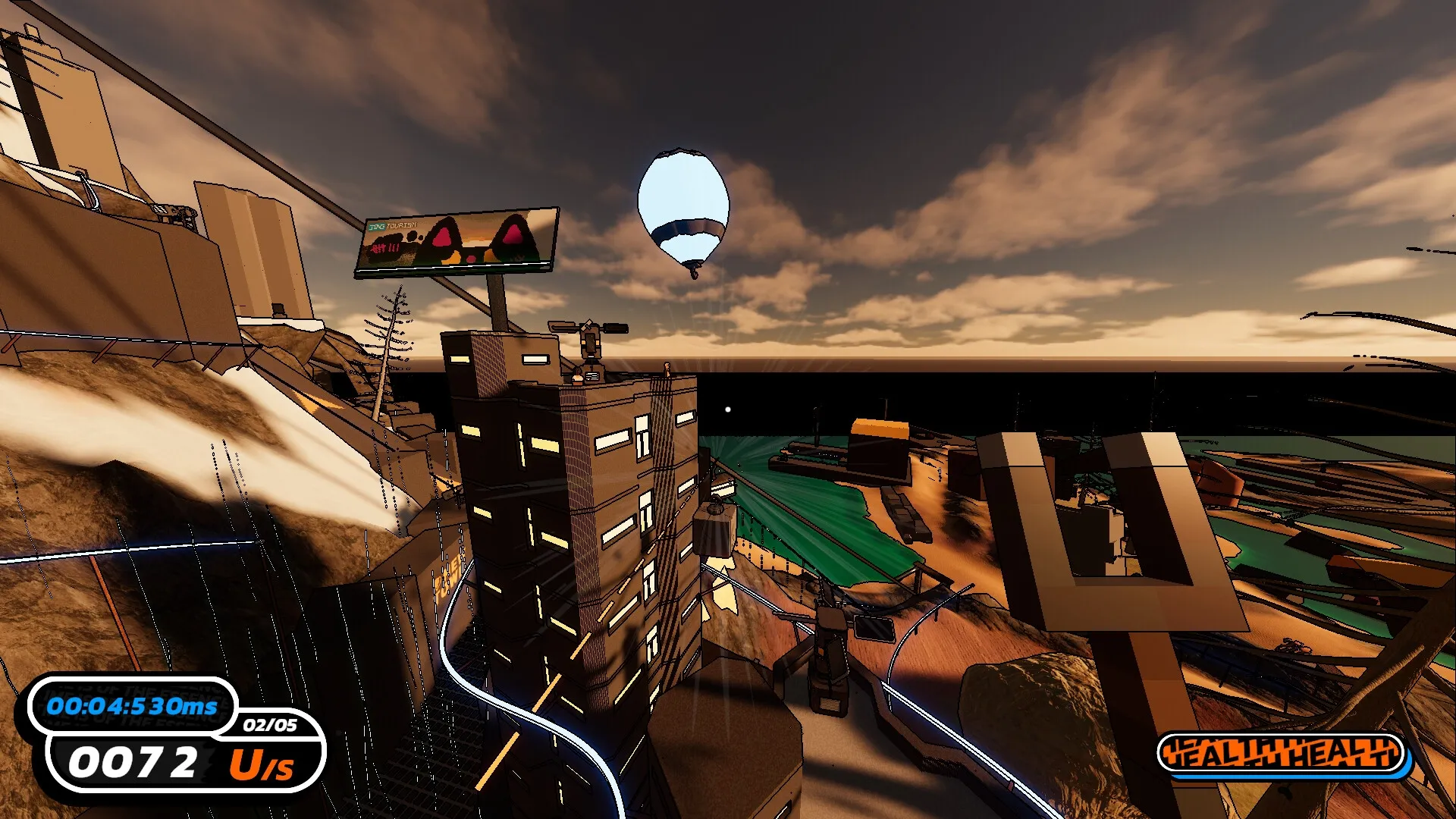 The Local: Rooftop parkour course with floating hot air balloon and UI showing speed and time elapsed