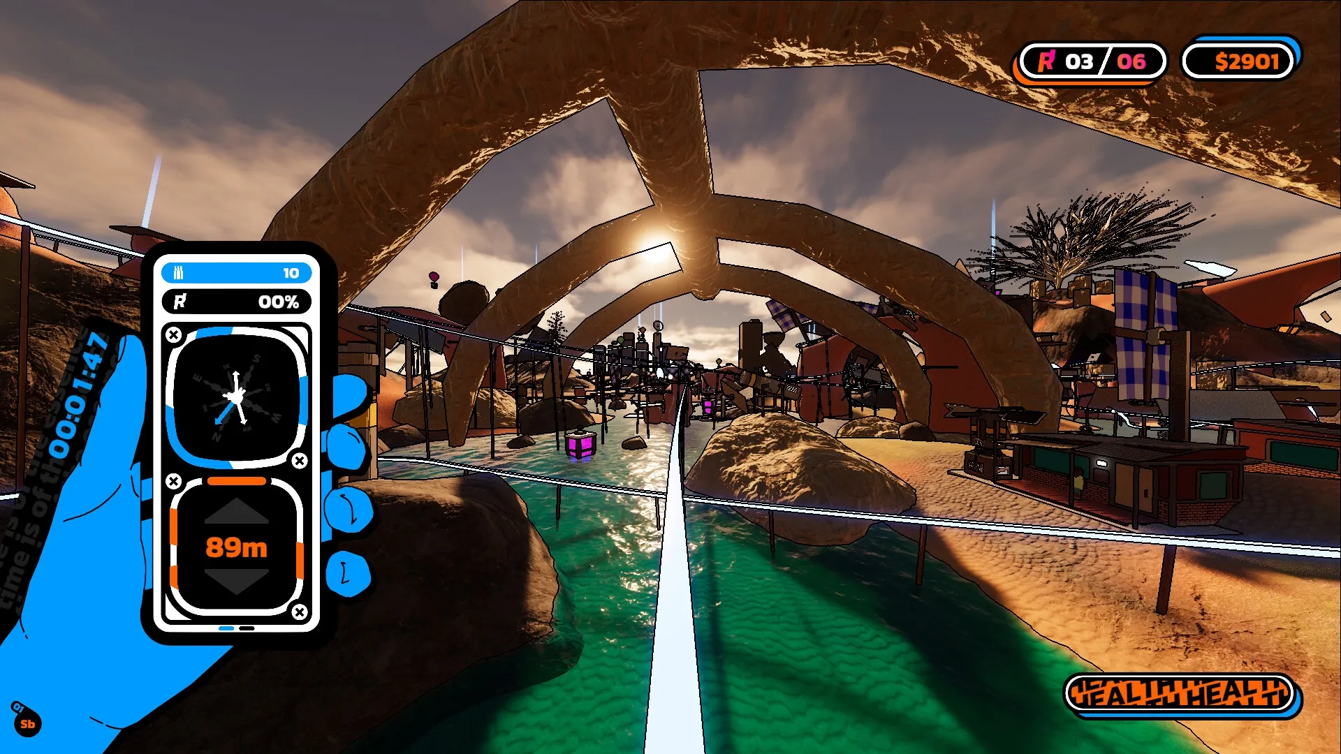 The Local: Player holds device with navigation app, traversing a canyon filled with obstacles and paths.