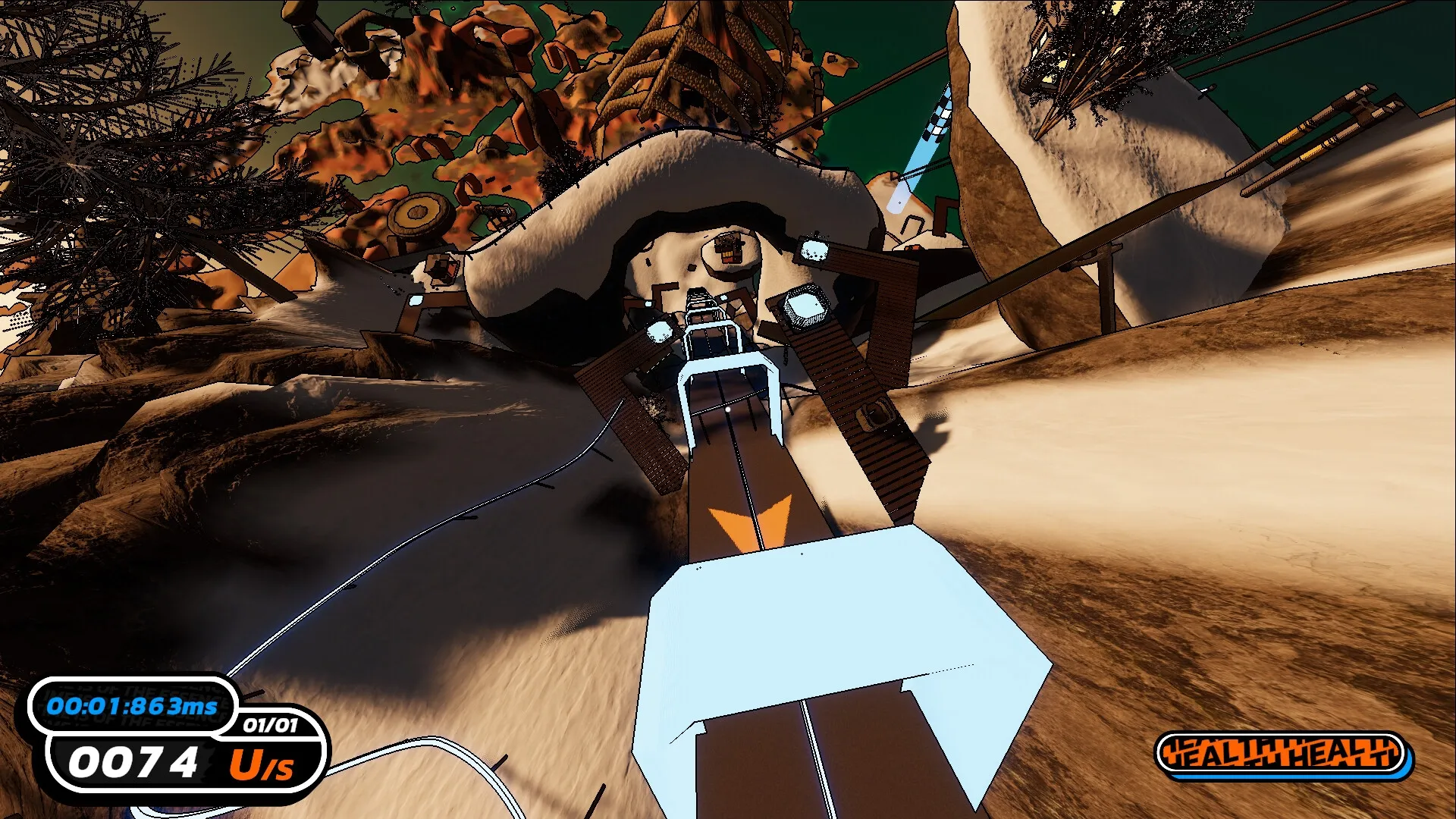 The Local: First-person view racing down a snowy track with timer and speed UI elements displayed