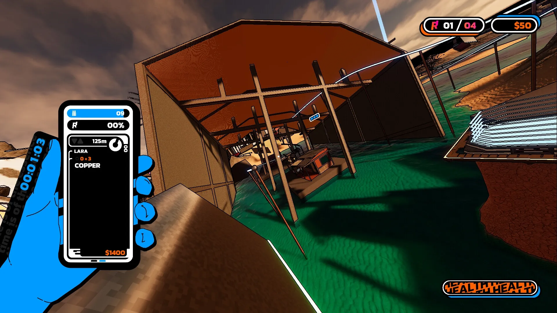 The Local: Player holding phone interface in vibrant, abstract parkour environment with structures.