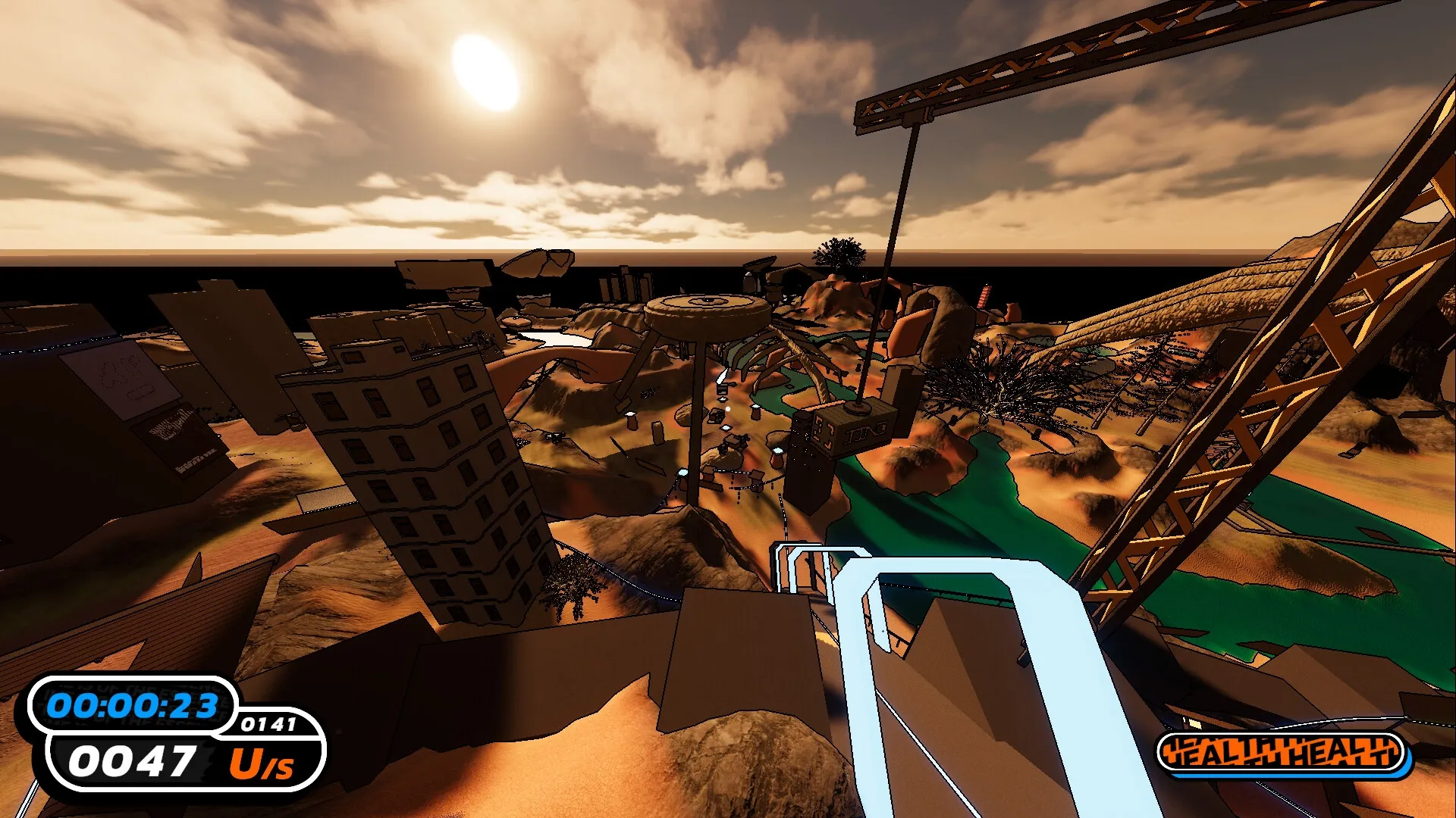 The Local: Aerial view of parkour course with timer and speed UI in desert-like environment.