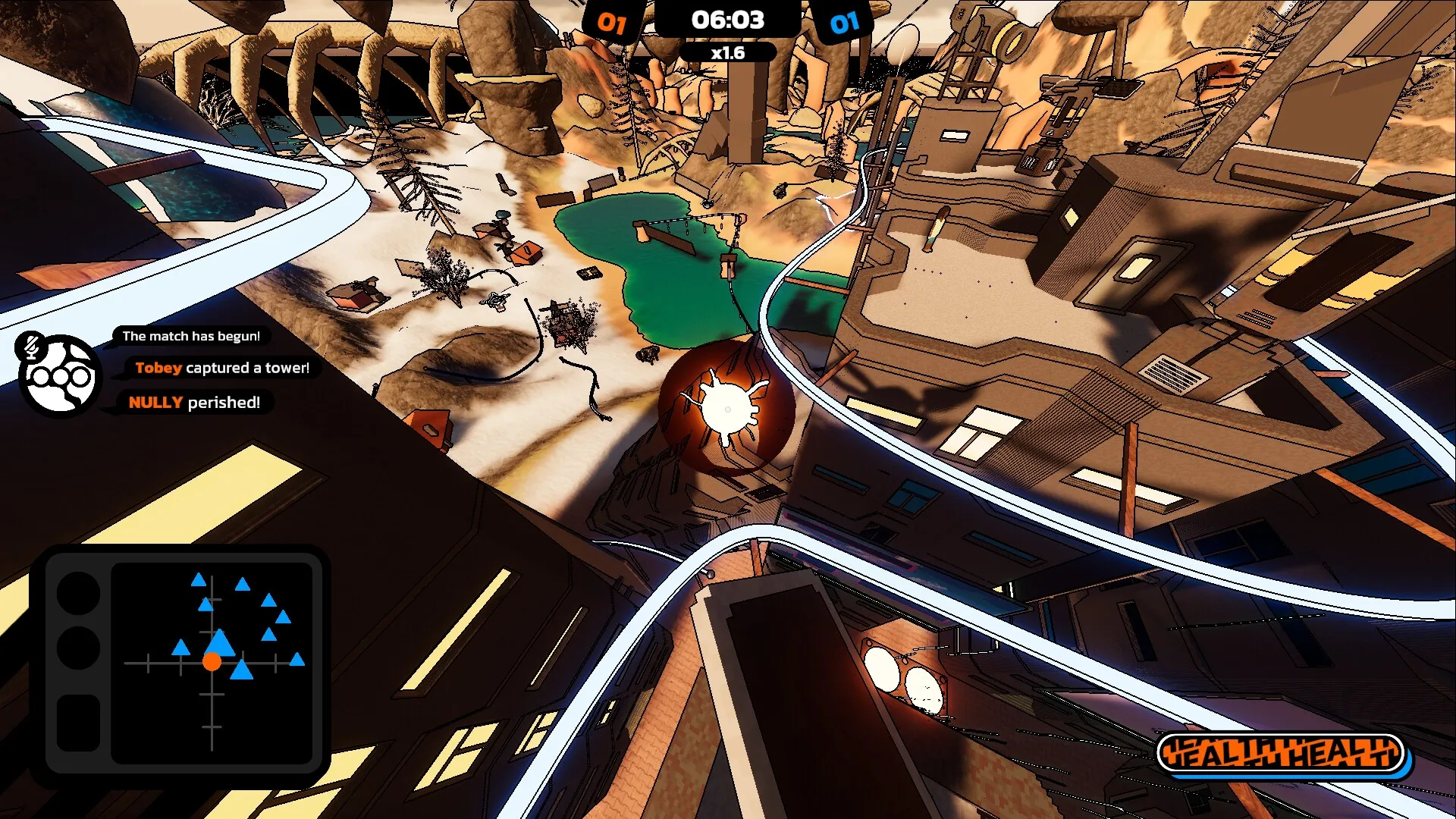 The Local: Player soaring through cityscape; Tobey captured tower, NULY perished; map and timer visible.