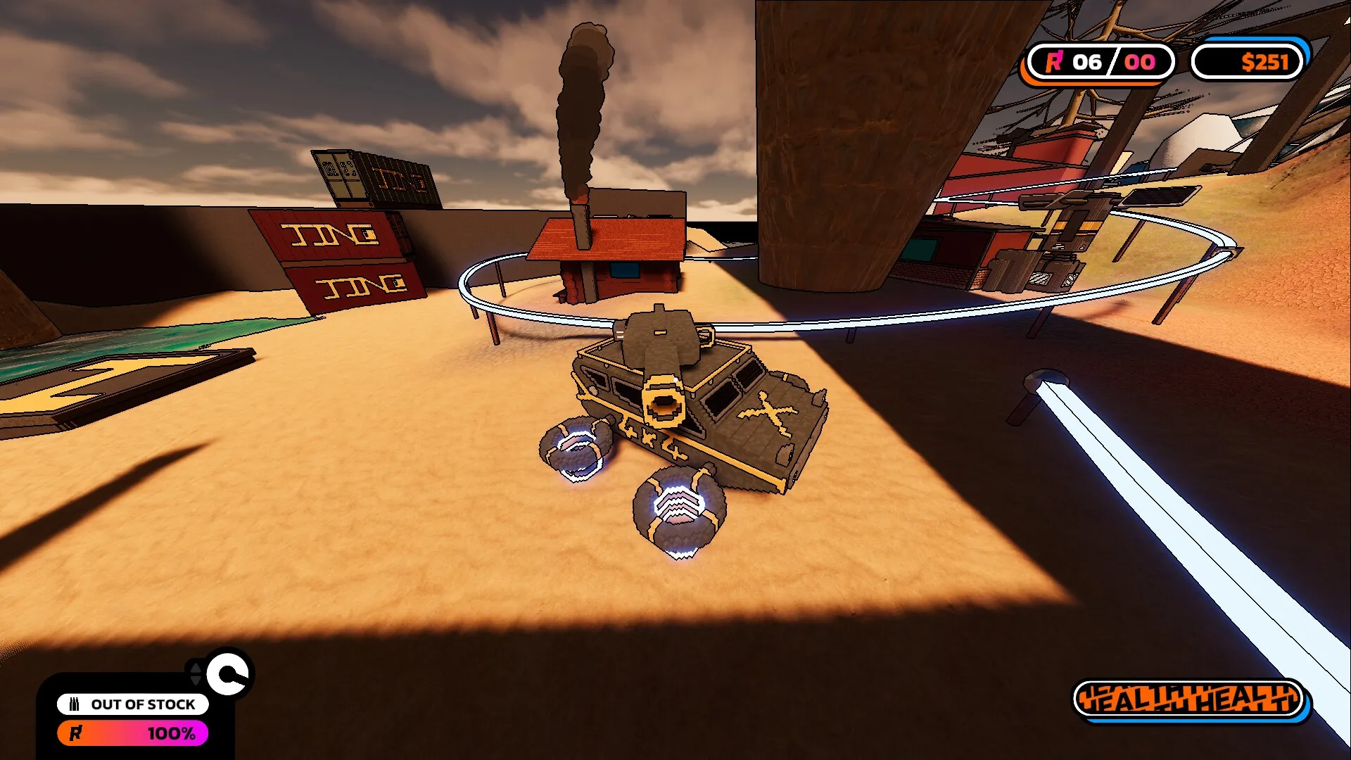 The Local: Hovering vehicle in sandy area with UI showing health, resources, and currency indicators