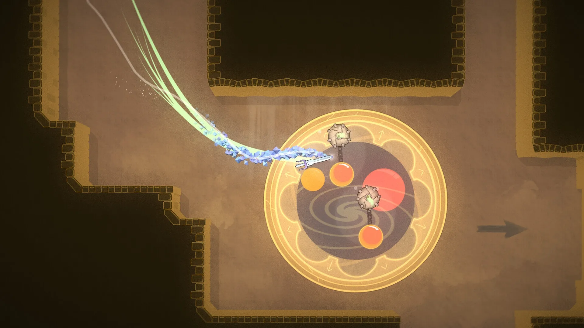 The Lone Sword: Sentient sword navigating a circular puzzle with glowing orbs in a stone-walled chamber