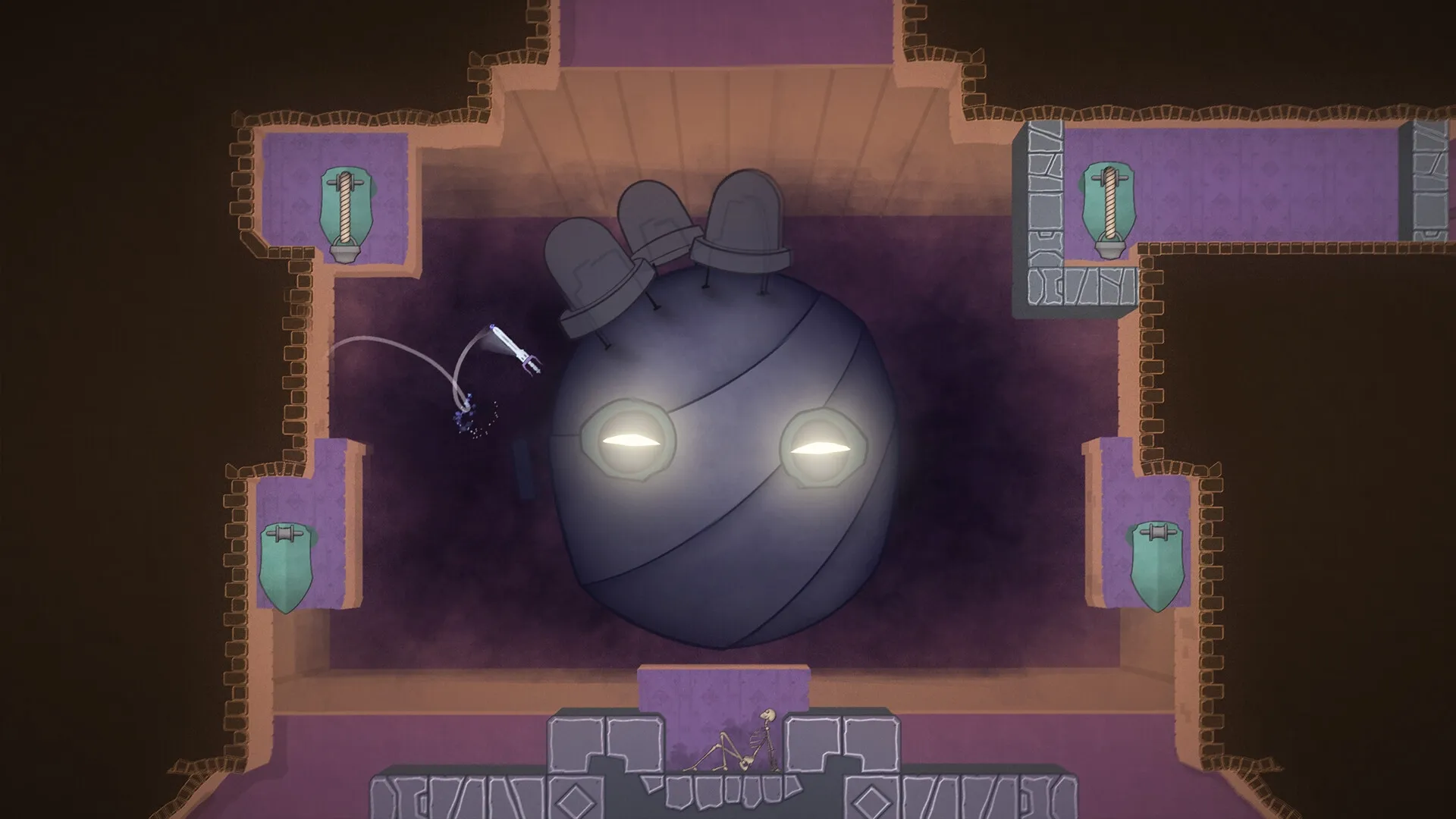 The Lone Sword: Sentient sword battling giant armored face in a dimly lit castle room with levers