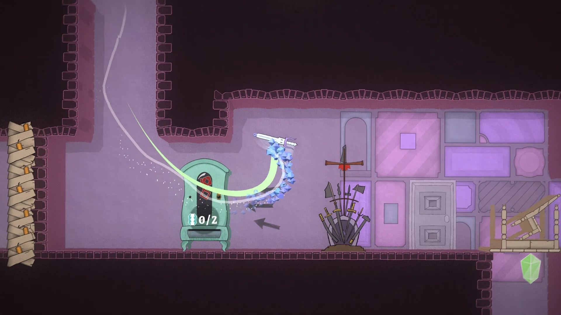 The Lone Sword: Sentient sword dashes through castle corridor past a puzzle gate with glowing counter