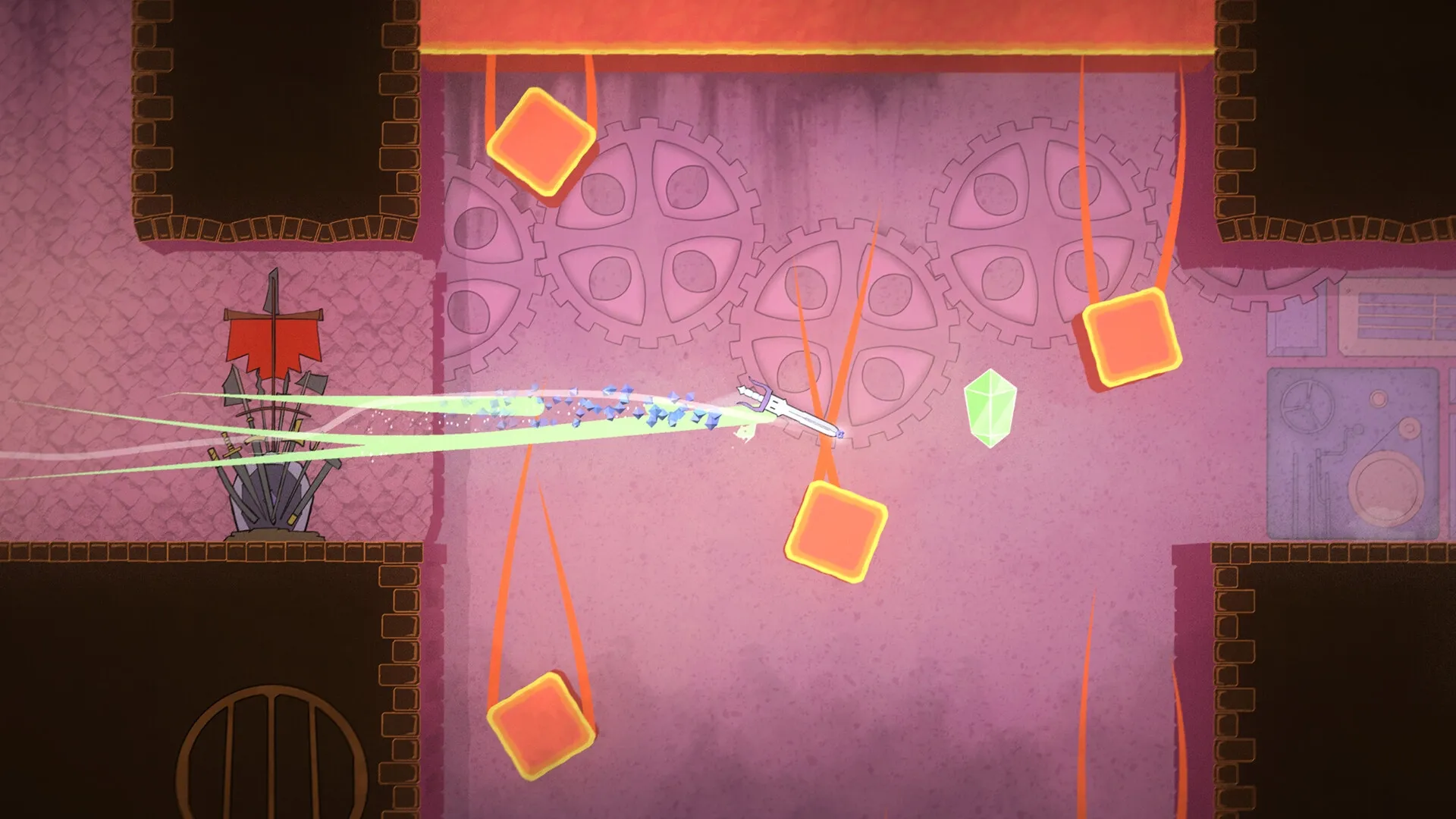 The Lone Sword: Sword dashes through swinging blocks in a castle room with gear mechanisms and a gem