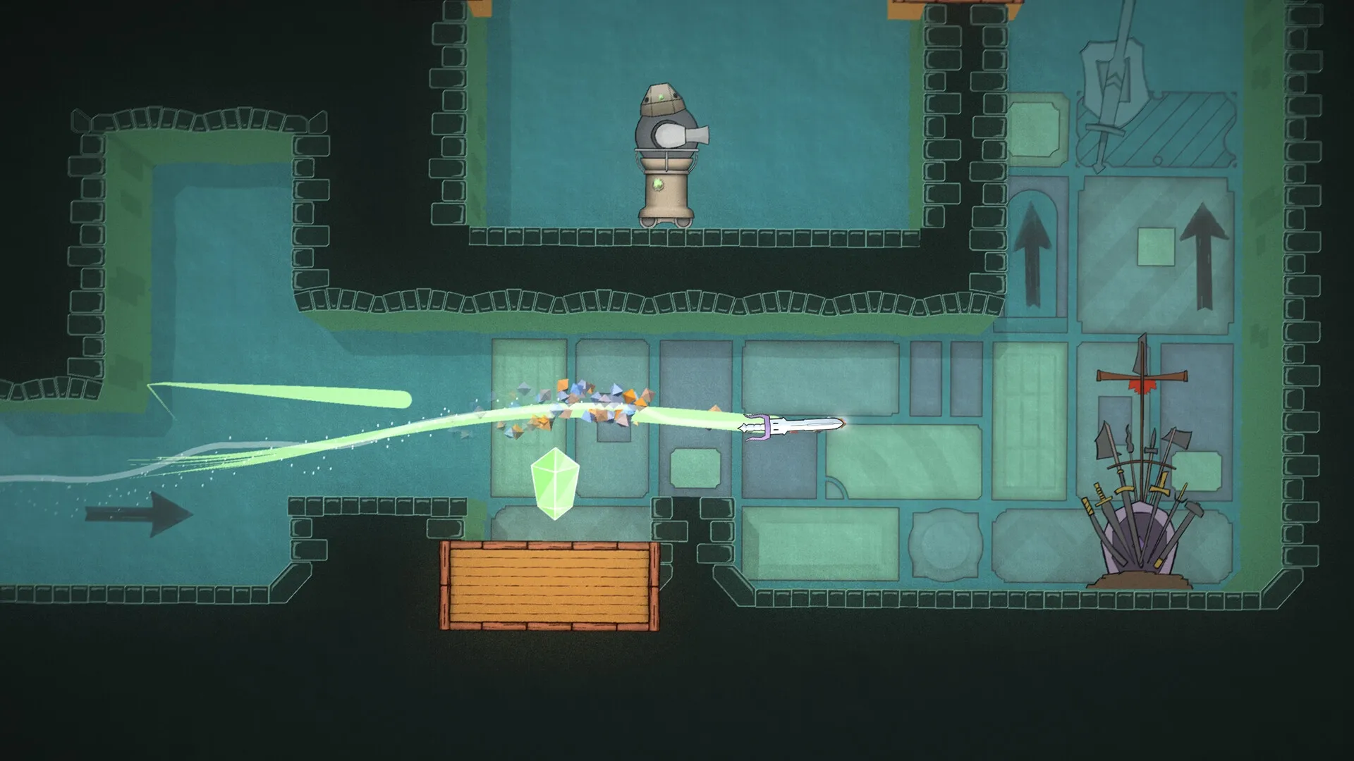 The Lone Sword: Sentient sword navigating castle corridor with glowing trail and crystal obstacles
