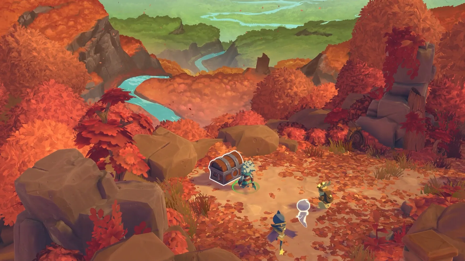 The Lonesome Guild: Characters discover a treasure chest in a vibrant autumn forest near a winding river.