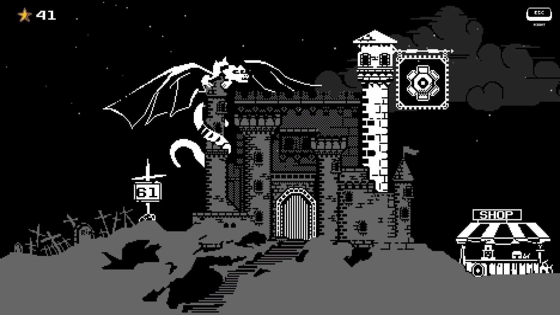The Long Tale: Dragon perched on castle with shop nearby in pixelated night setting