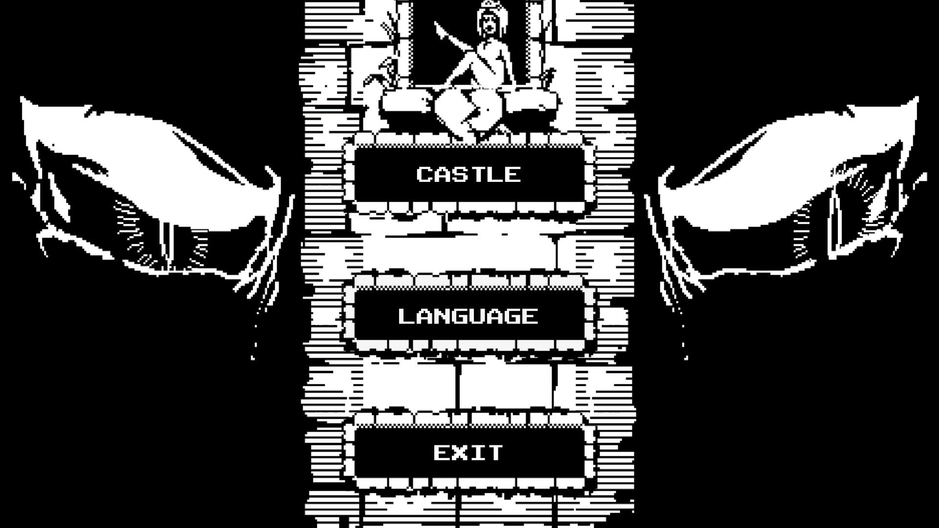 The Long Tale: Main menu with options for Castle, Language, and Exit in a black and white pixel style