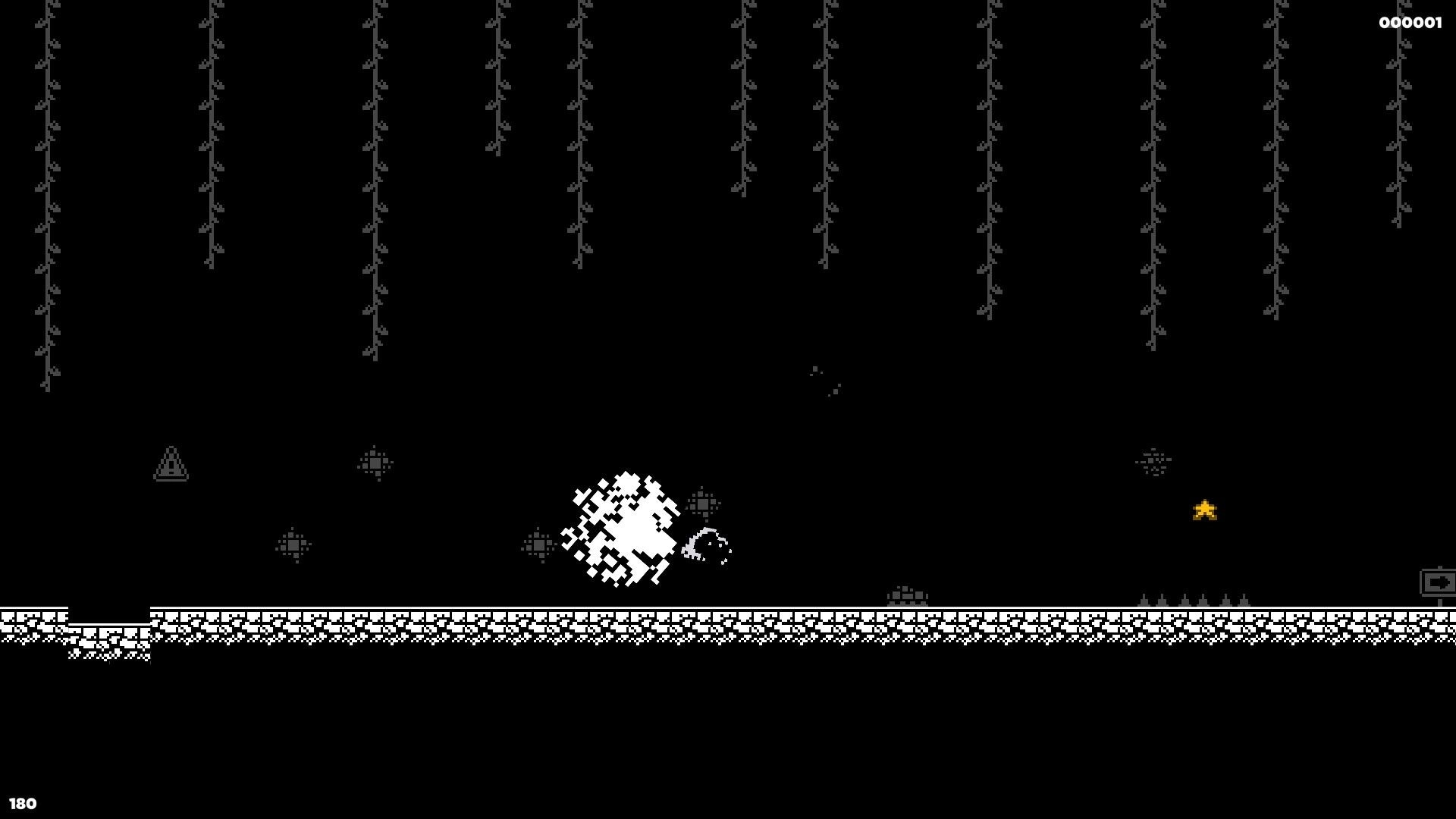 The Long Tale: Character jumping over spikes in a dark, vine-covered cave with pixelated graphics
