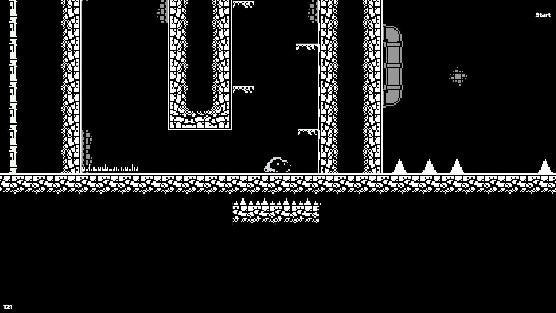 The Long Tale: Character navigates perilous spikes in monochrome dungeon platformer environment