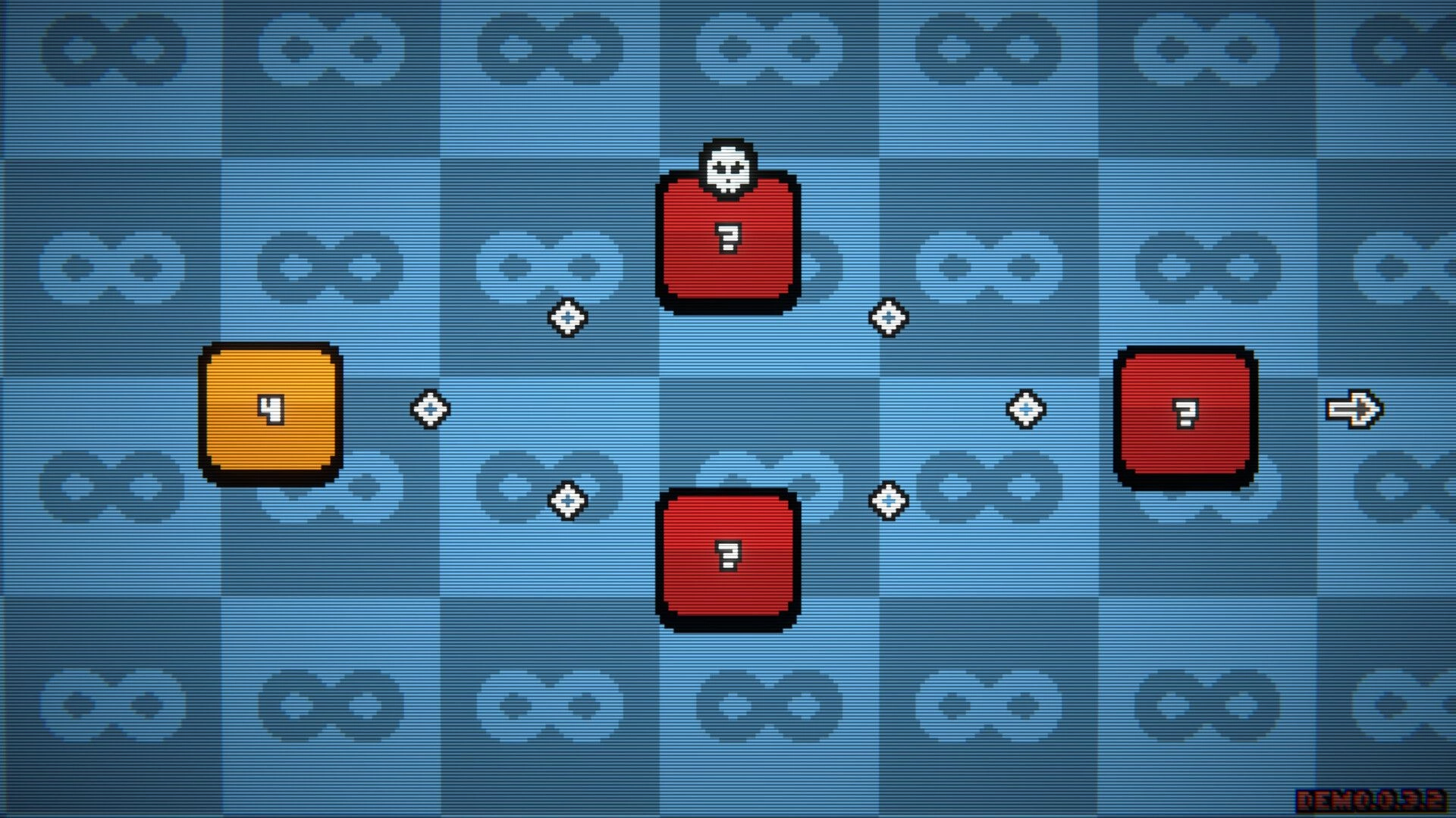 The Loopler: Node map with a 4 tile and three mystery red nodes on a blue checkered grid screen.