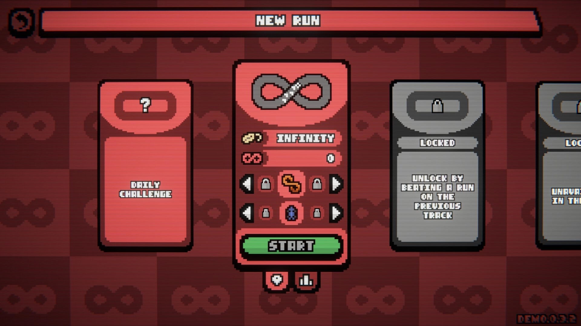 The Loopler: New Run menu with Infinity mode selected and Start button on red pixel UI screen.