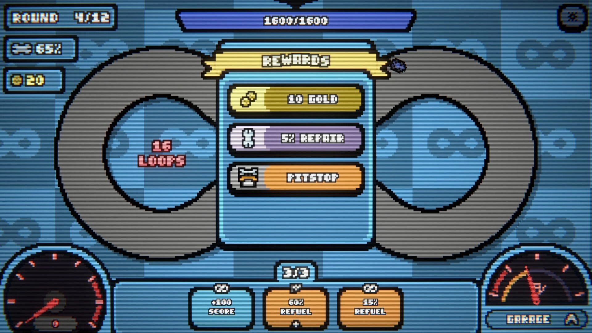 The Loopler: Rewards menu offering 10 gold, 5% repair, and pitstop over a looping track UI.