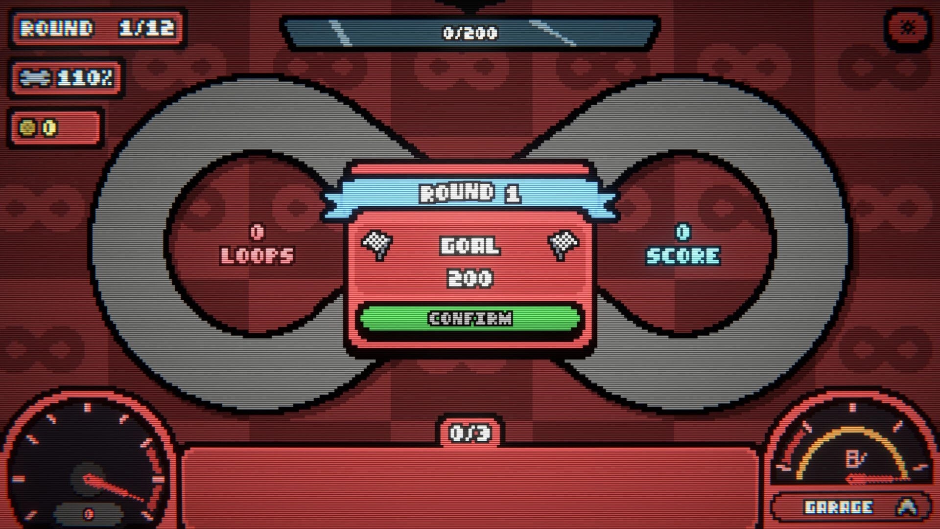 The Loopler: Round 1 goal prompt with Confirm button over infinity track UI showing loops and score.