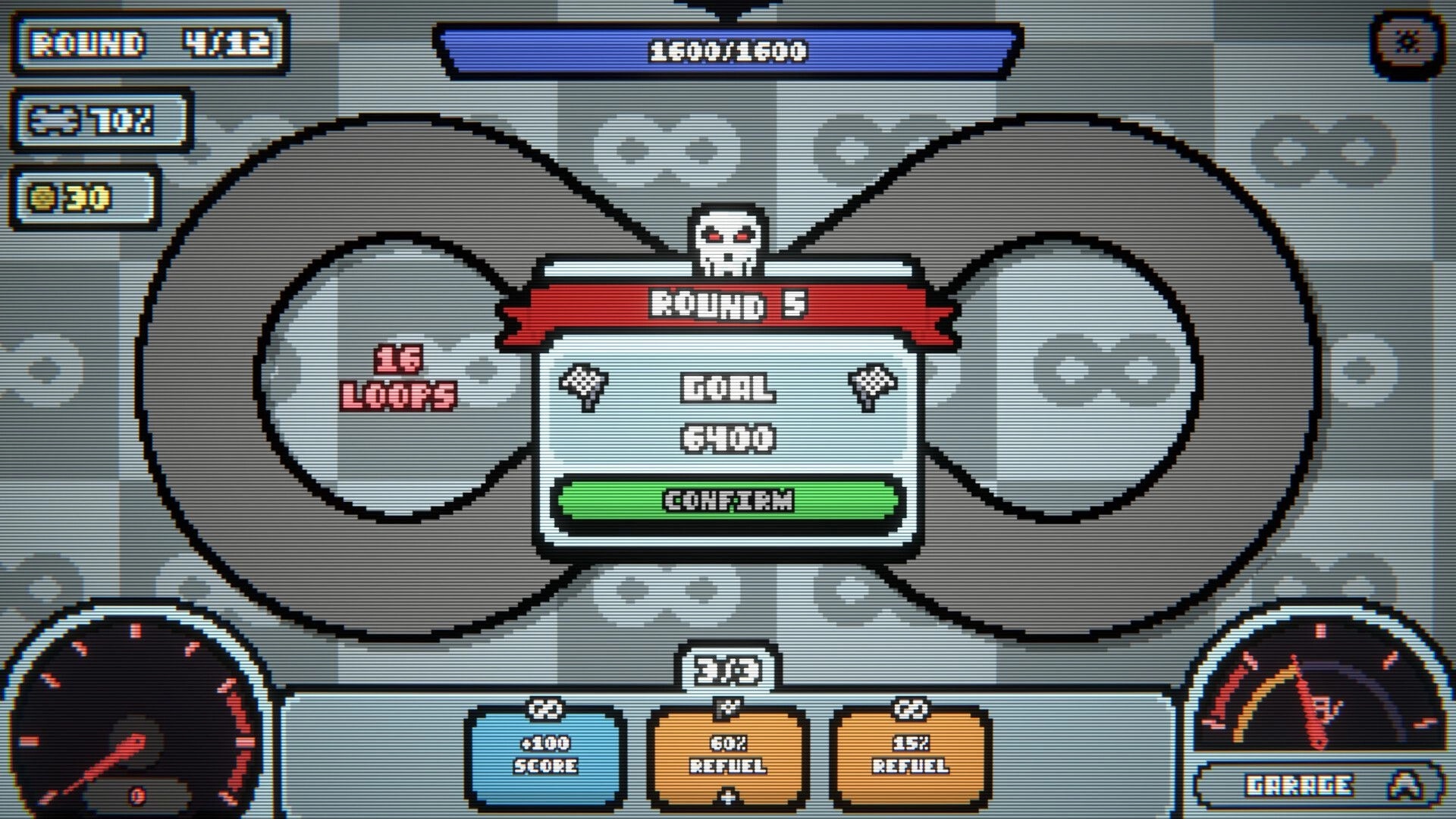 The Loopler: Round 6 goal confirm popup over looping track UI with loops count, score and refuel cards.