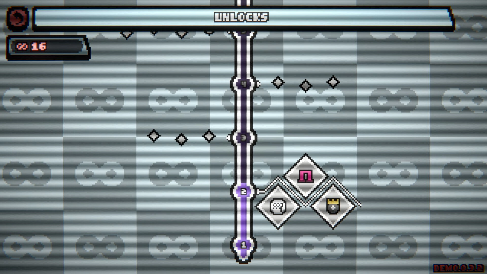 The Loopler: Unlocks progression screen with vertical node path and three upgrade icons on gray grid background.