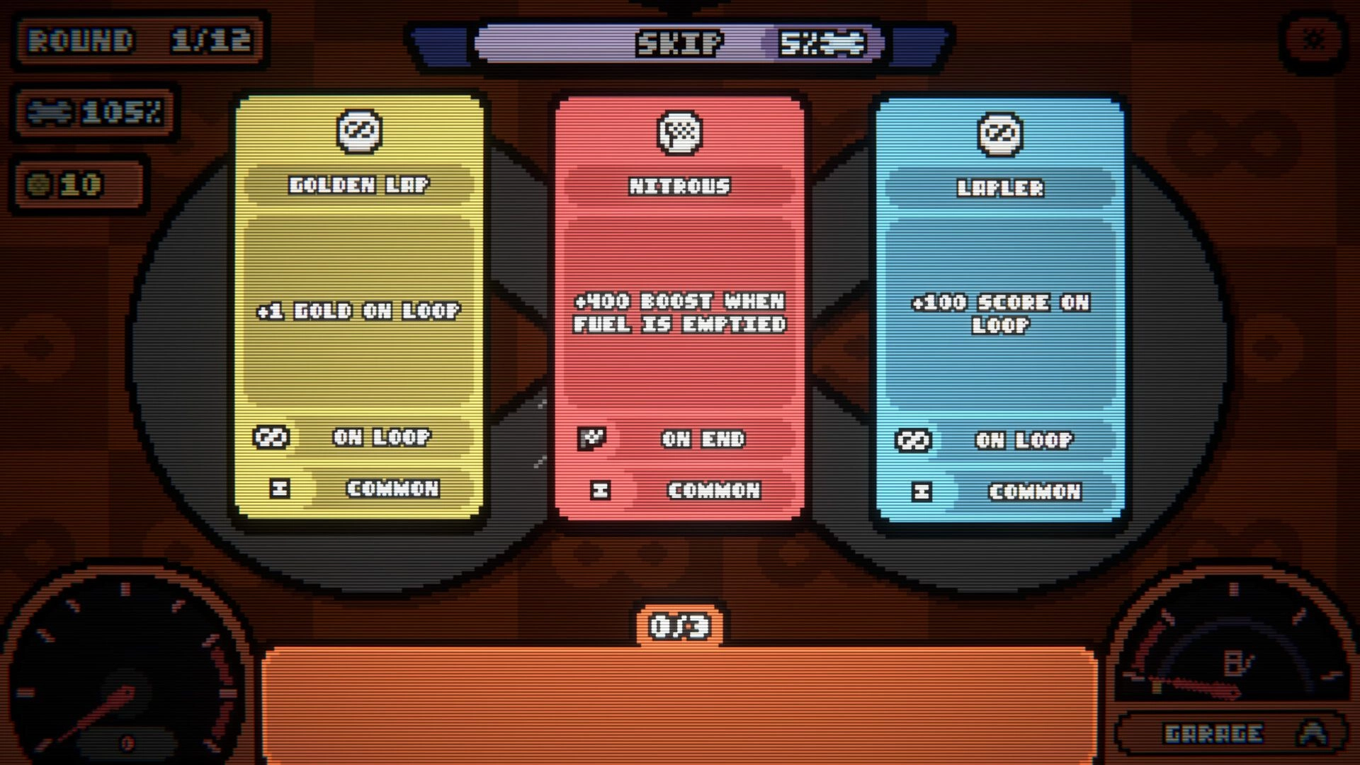 The Loopler: Upgrade selection with Golden Lap, Nitrous, and Lapler cards on a dashboard UI.