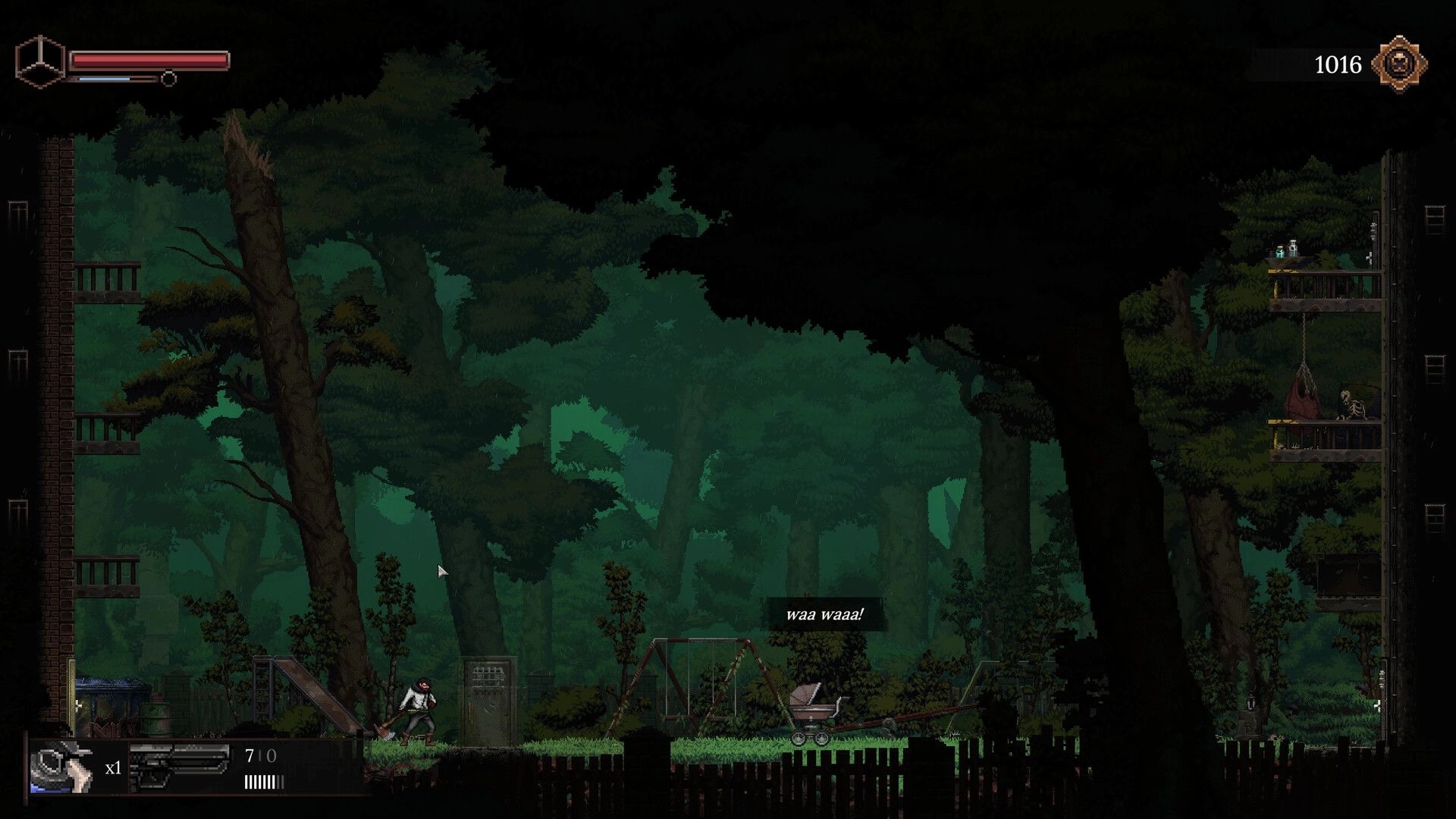 The Looter: Scavenger aims a pistol in a ruined playground, HUD health bar and ammo shown.
