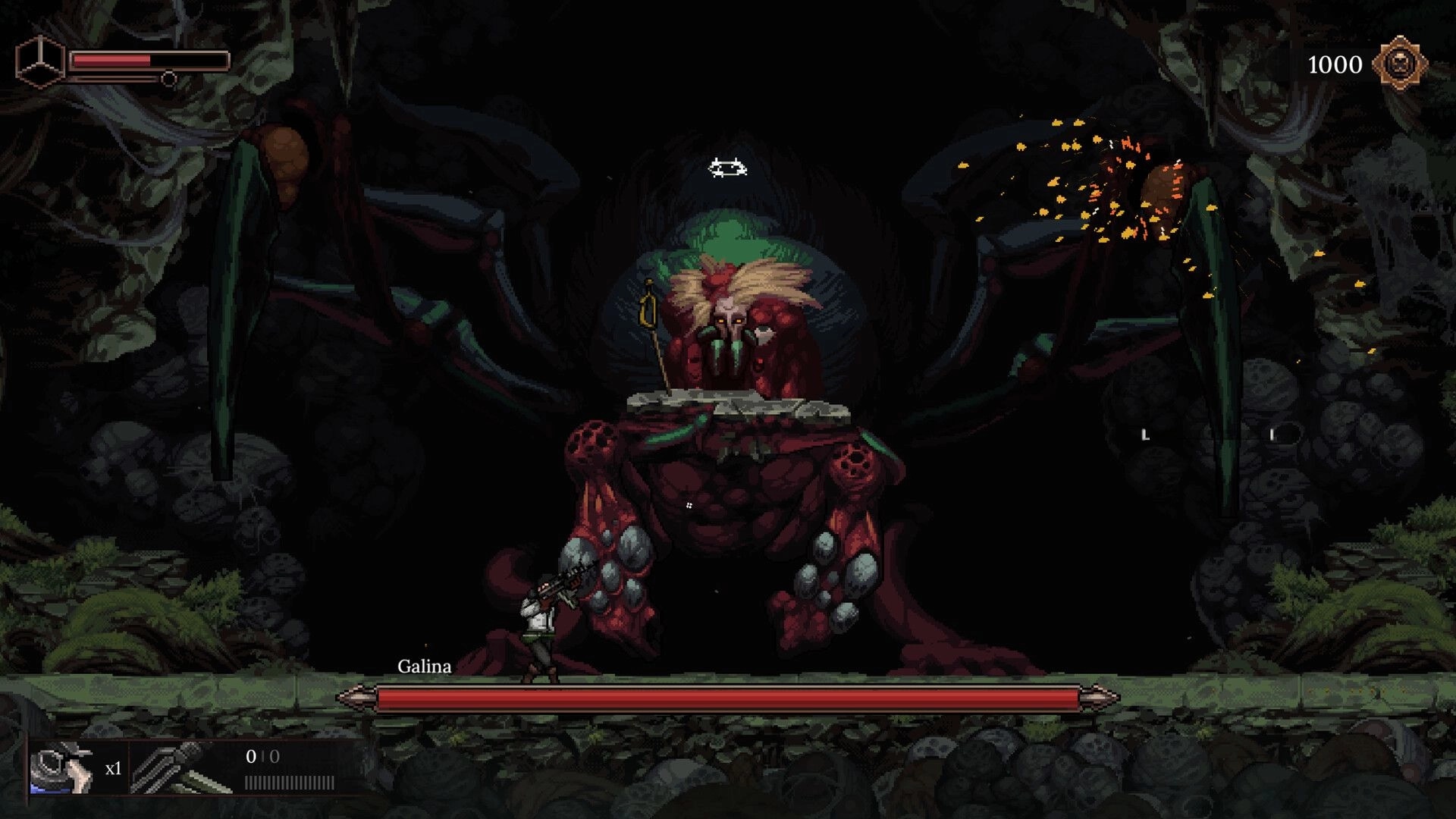 The Looter: Boss fight vs Galina, a hulking mutant in a dark cave arena with health bars UI.