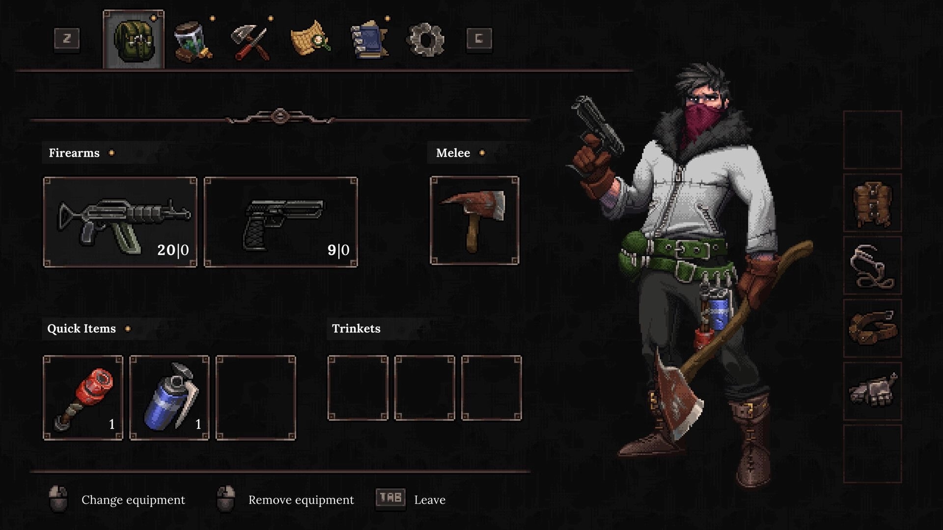 The Looter: Inventory screen with scavenger holding pistol, showing guns, axe, and quick items slots.