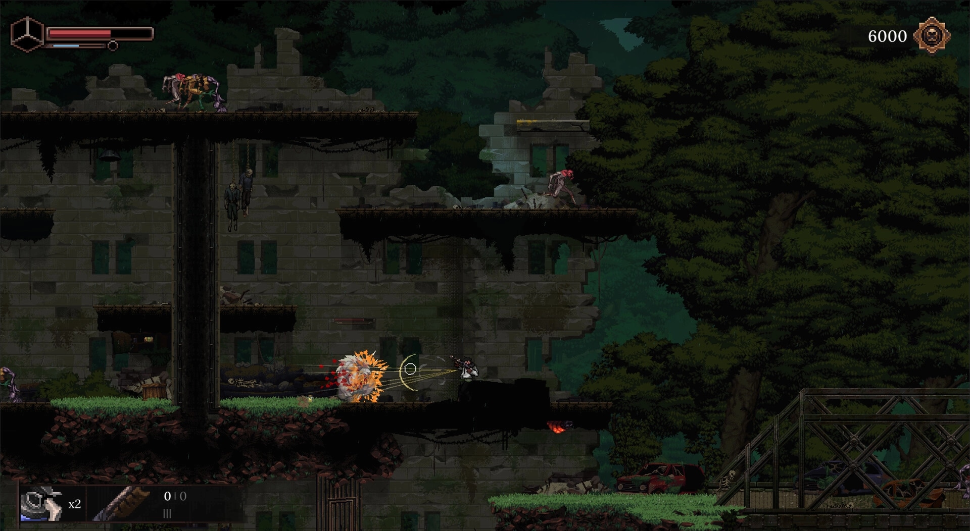 The Looter: Player fires a gun at a mutant in crumbling ruins, HUD bars and 6000 score visible.