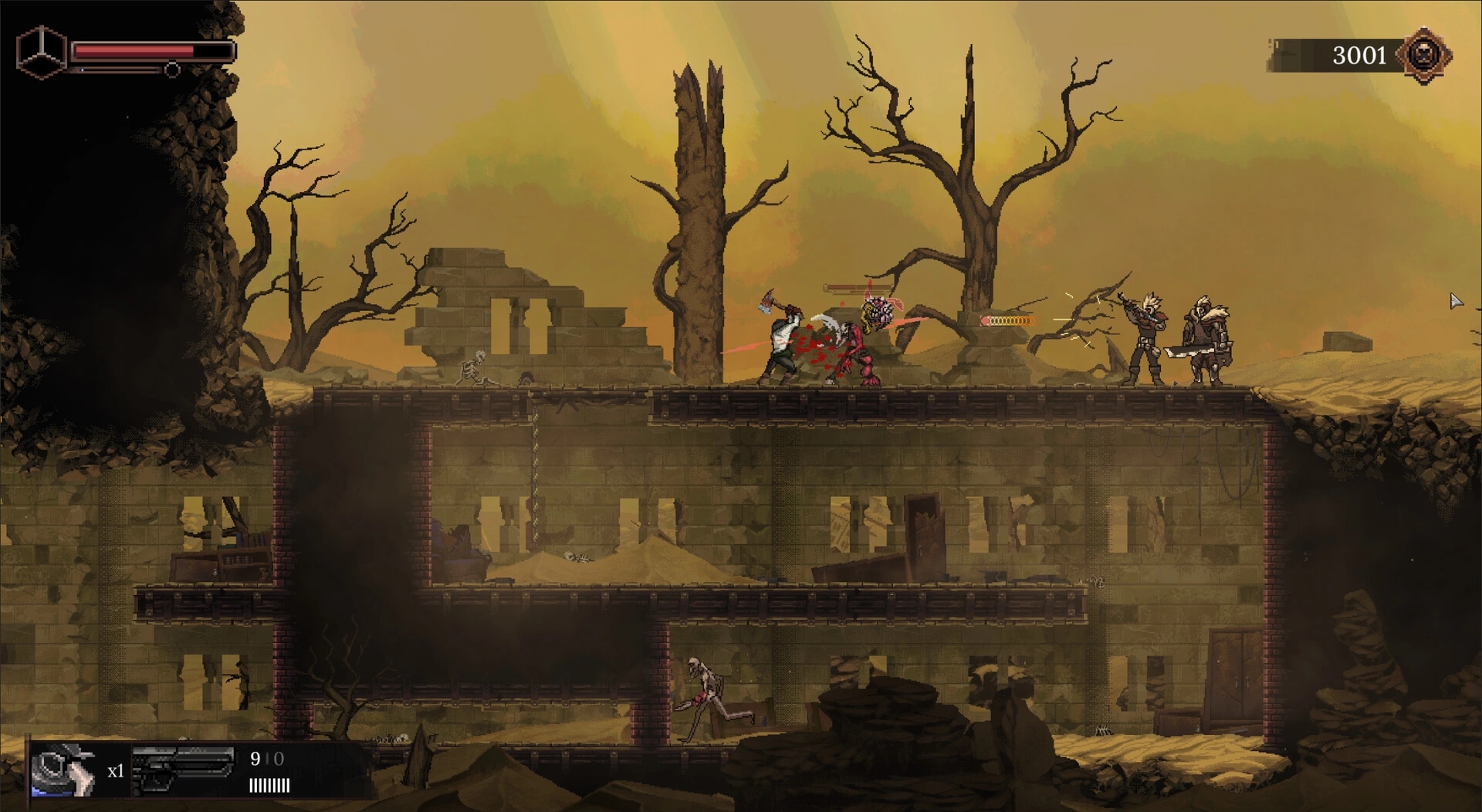 The Looter: Side-scrolling firefight on ruined overpass with bandits and HUD in dusty wasteland.