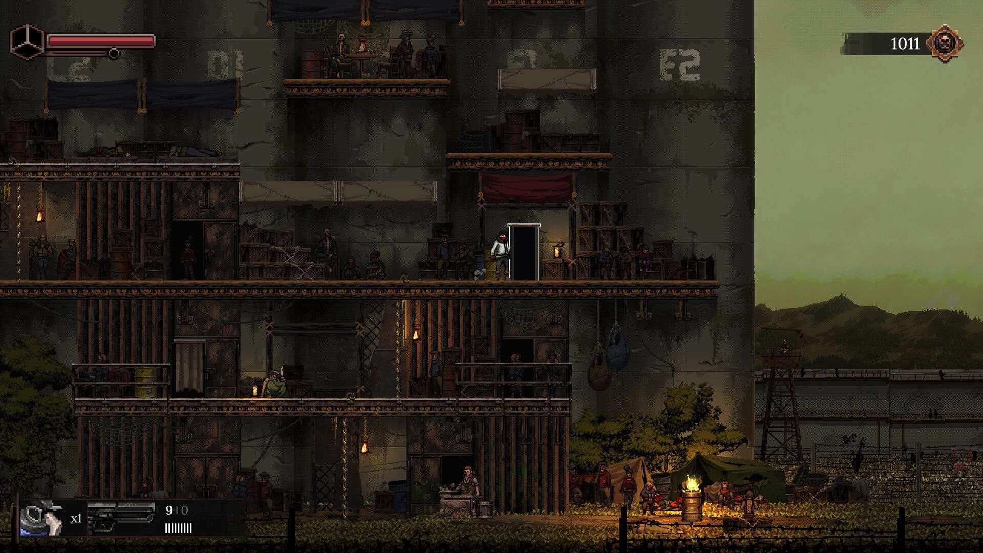 The Looter: Scavenger stands by a doorway in a multi-level bunker base with NPCs and HUD bars.