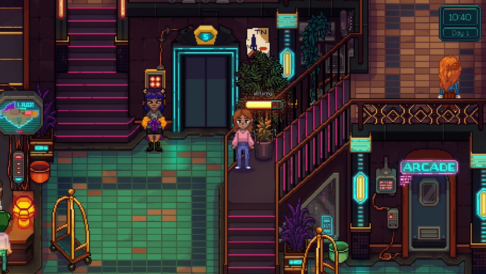 The Lost Hotel: Player watering a potted plant by stairs in neon lobby with Day 1 time UI 10:40.