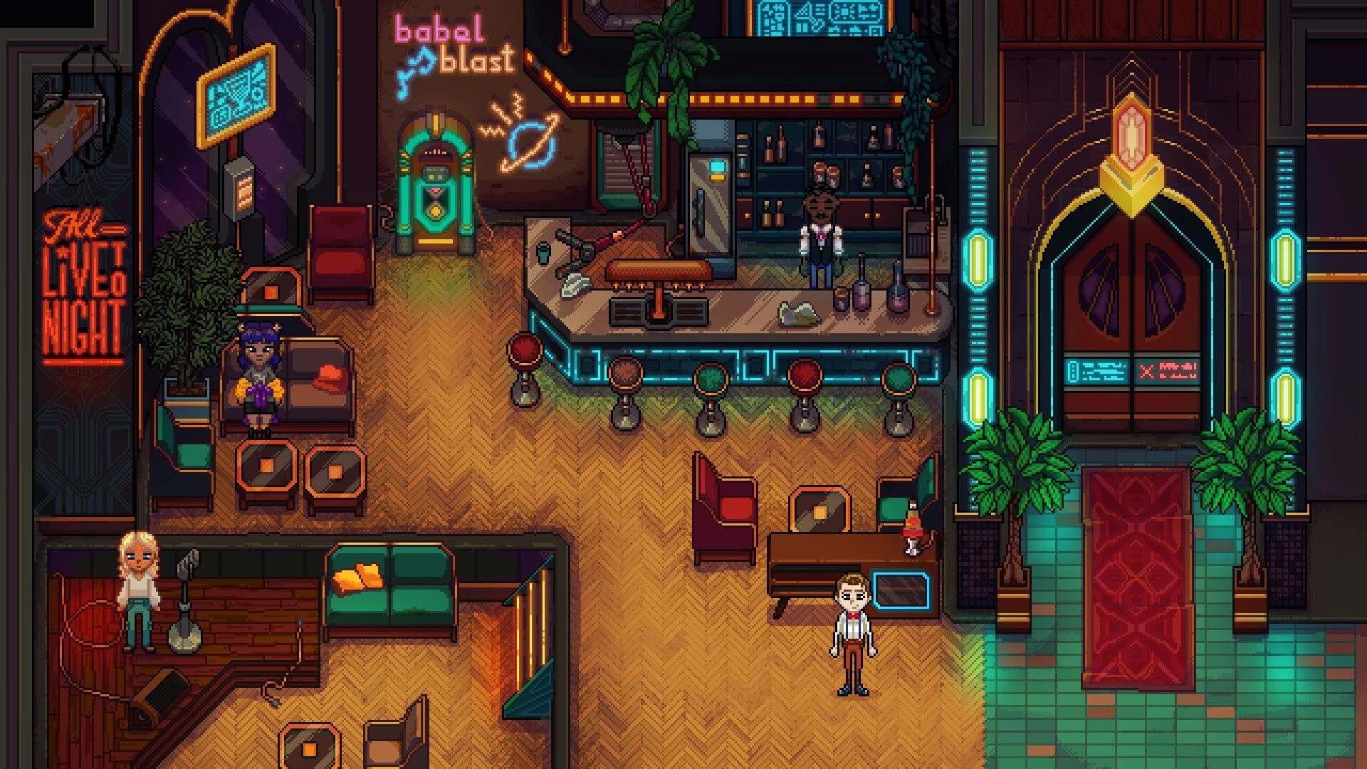 The Lost Hotel: Player stands in neon lounge bar with patrons, jukebox, and grand hotel doors nearby.