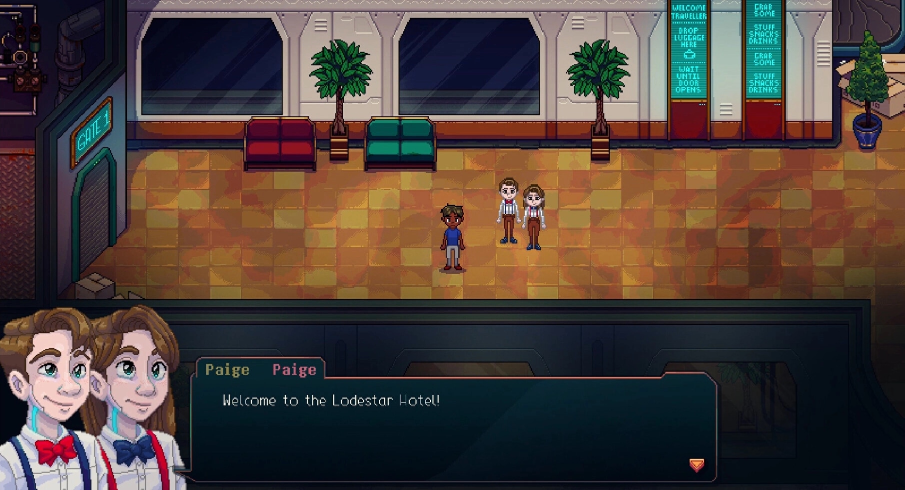 The Lost Hotel: Paige greets the player in dialogue UI inside a tiled lobby with sofas and plants.