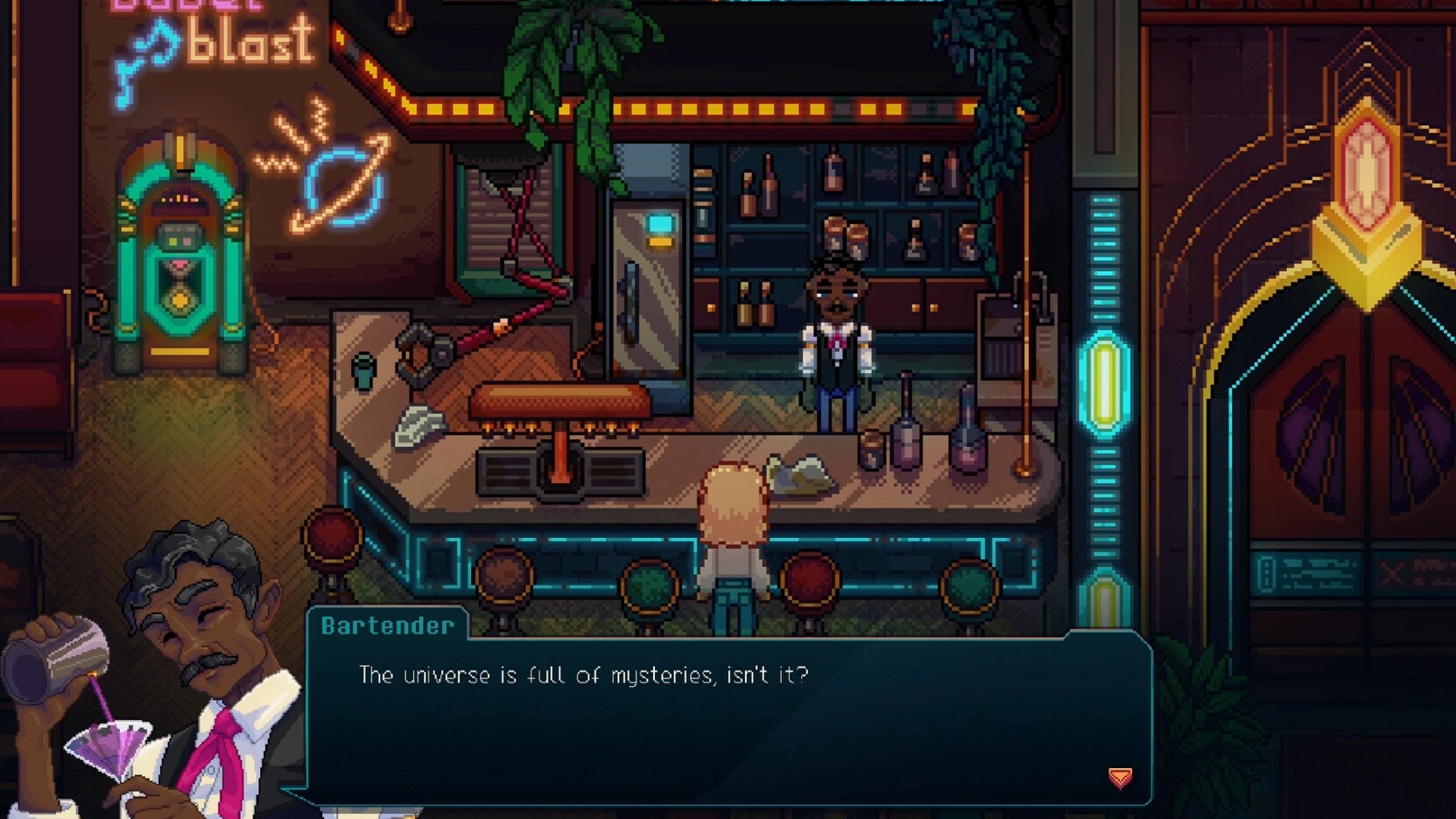 The Lost Hotel: Dialogue with bartender at neon-lit bar counter, jukebox and bottles in background.