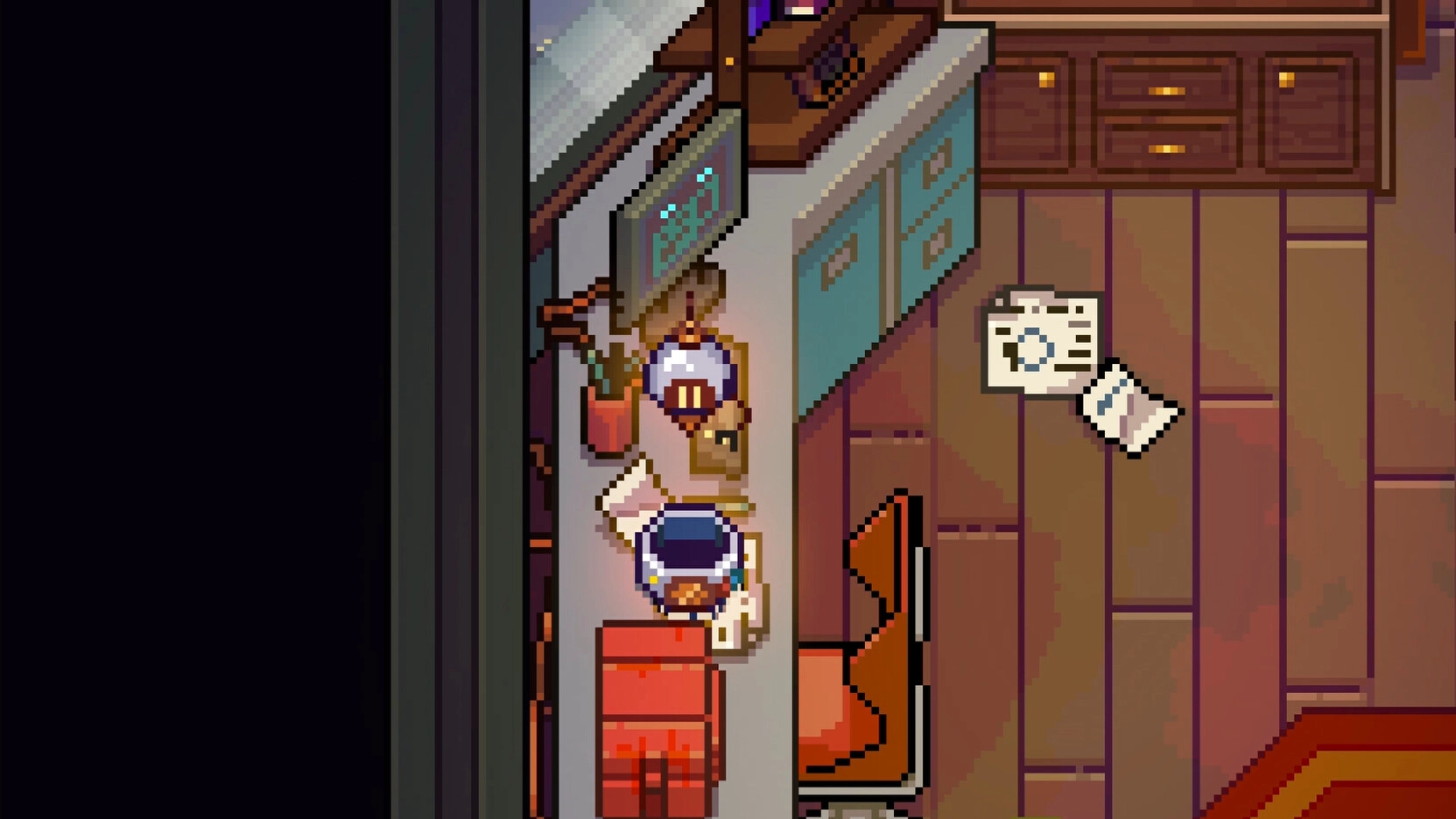 The Lost Hotel: Player interacts with desk items and scattered notes in a cozy hotel office corner.