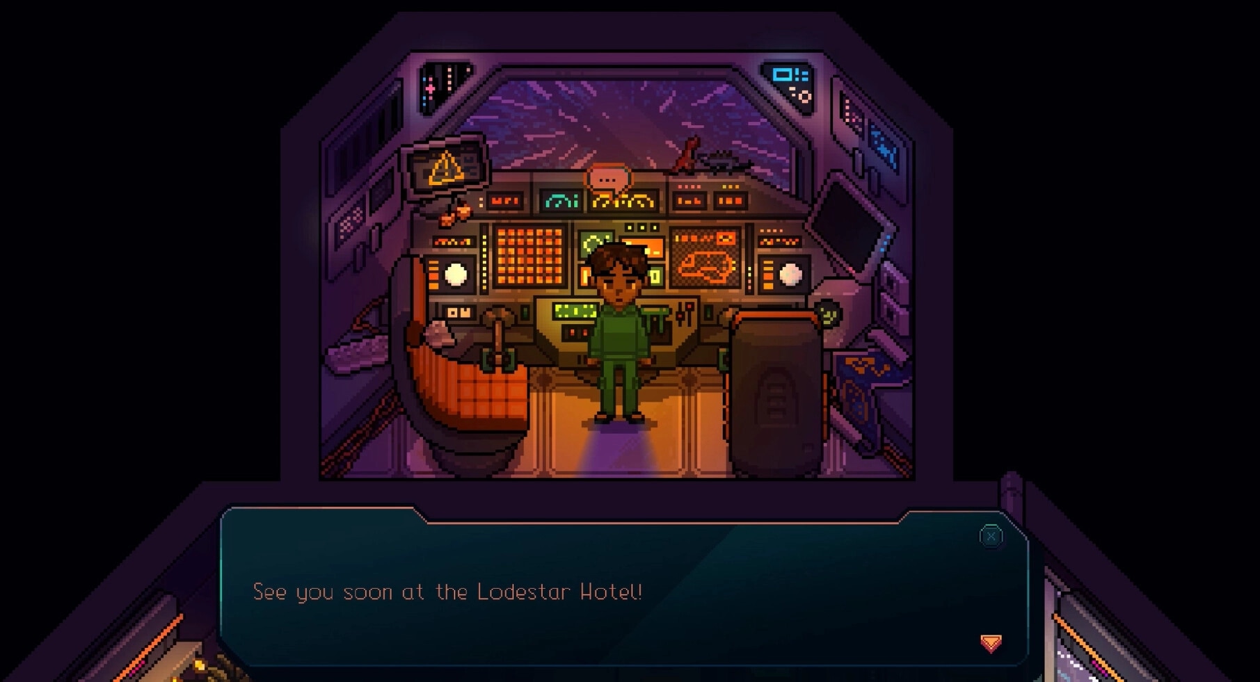 The Lost Hotel: Character stands by glowing control panels in a spaceship cockpit with dialogue box below.