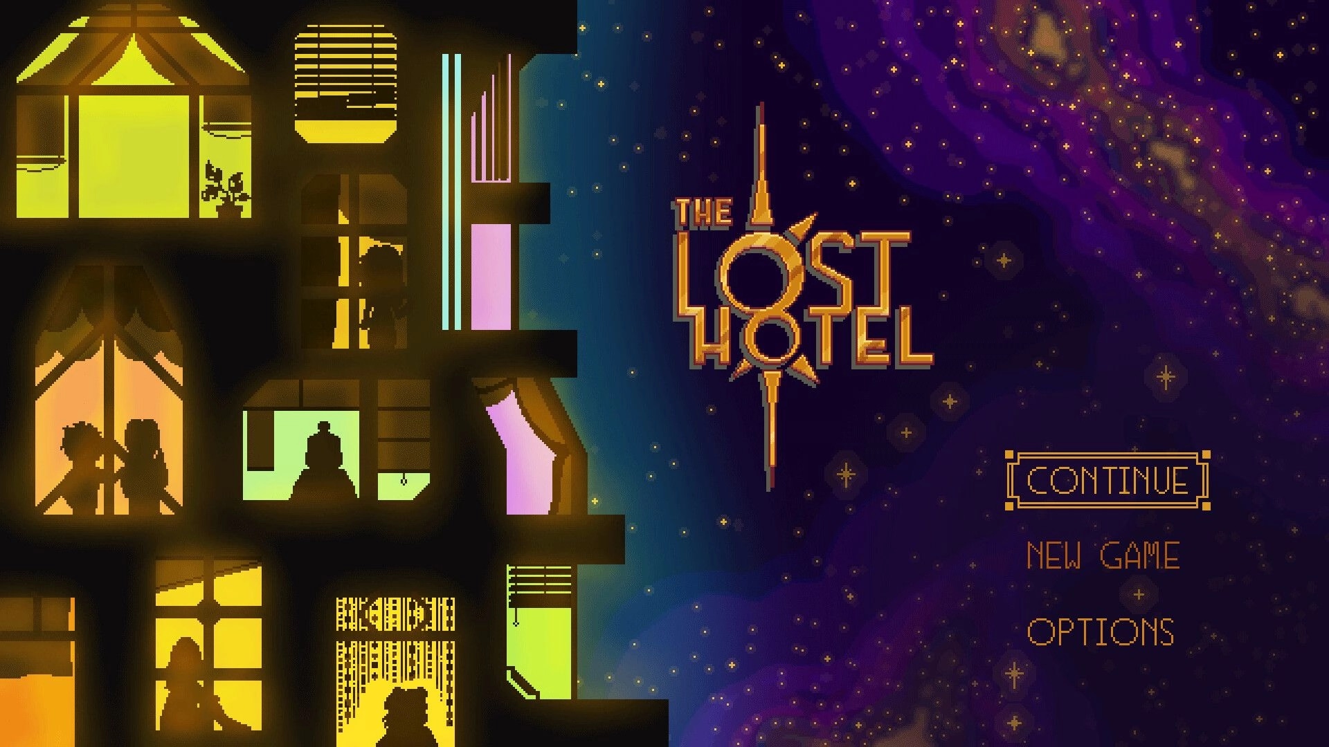 The Lost Hotel: Title screen with glowing hotel windows and menu options over a starry sky backdrop.
